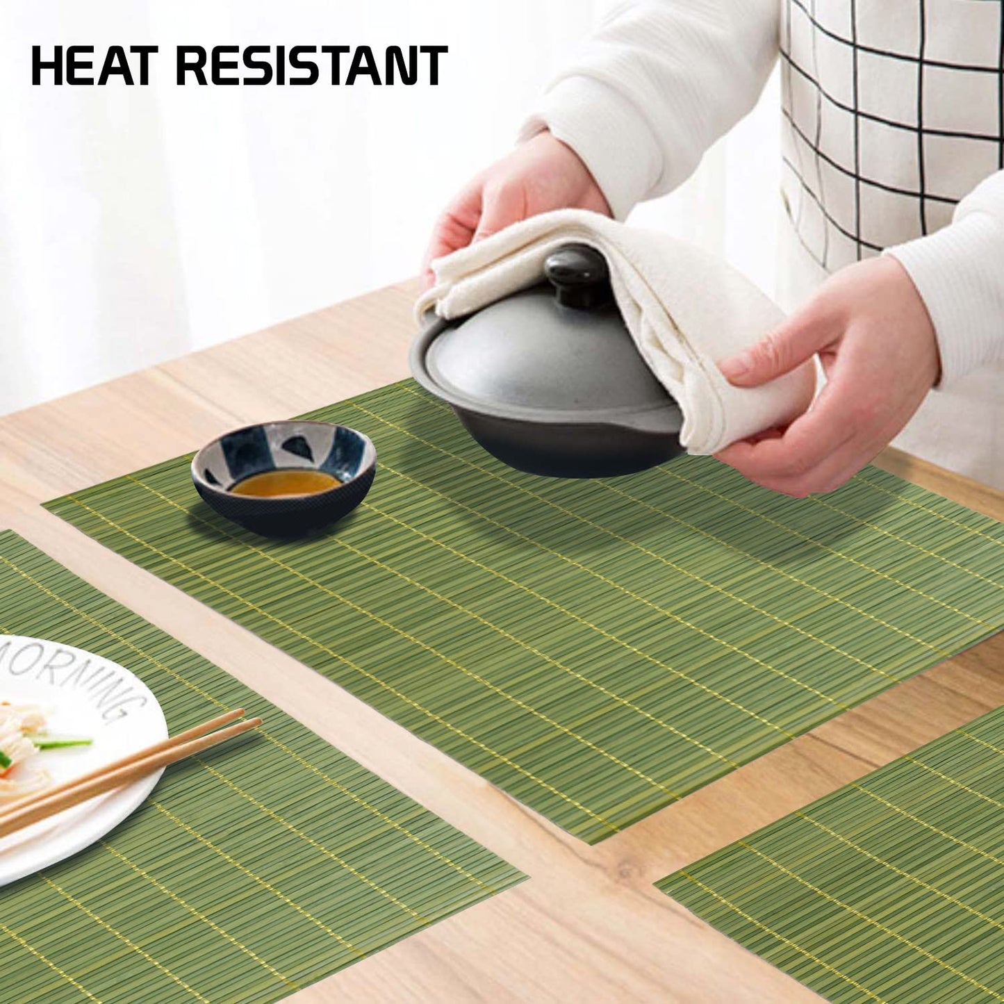 Heat Resistant Bamboo Table Mats Set of 6, 45 x 30 cm, Green