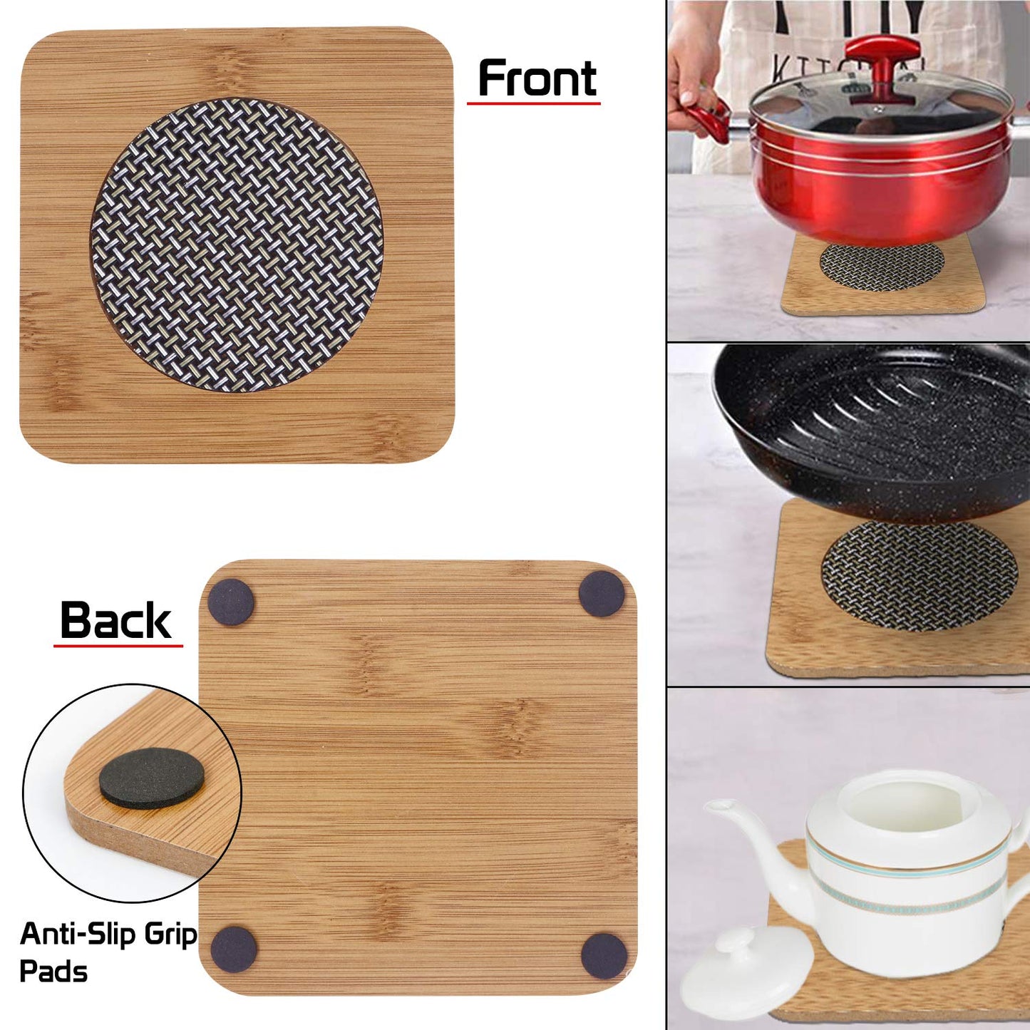 HOKIPO Eco-Friendly Bamboo Wooden Coasters for Dining Table Heat Pad for Kitchen - Pack of 2/4/6