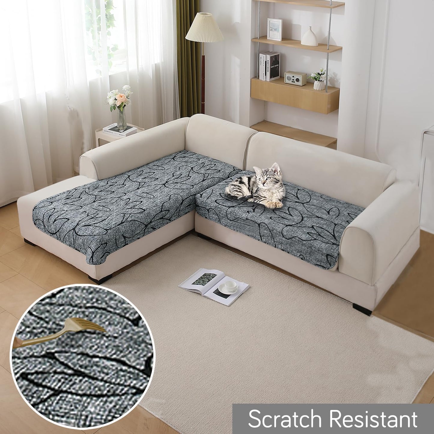 Waterproof Printed Quilted Quick Dry L Shape Sofa Seat Cover Mat, Intense Grey Abstract Floral