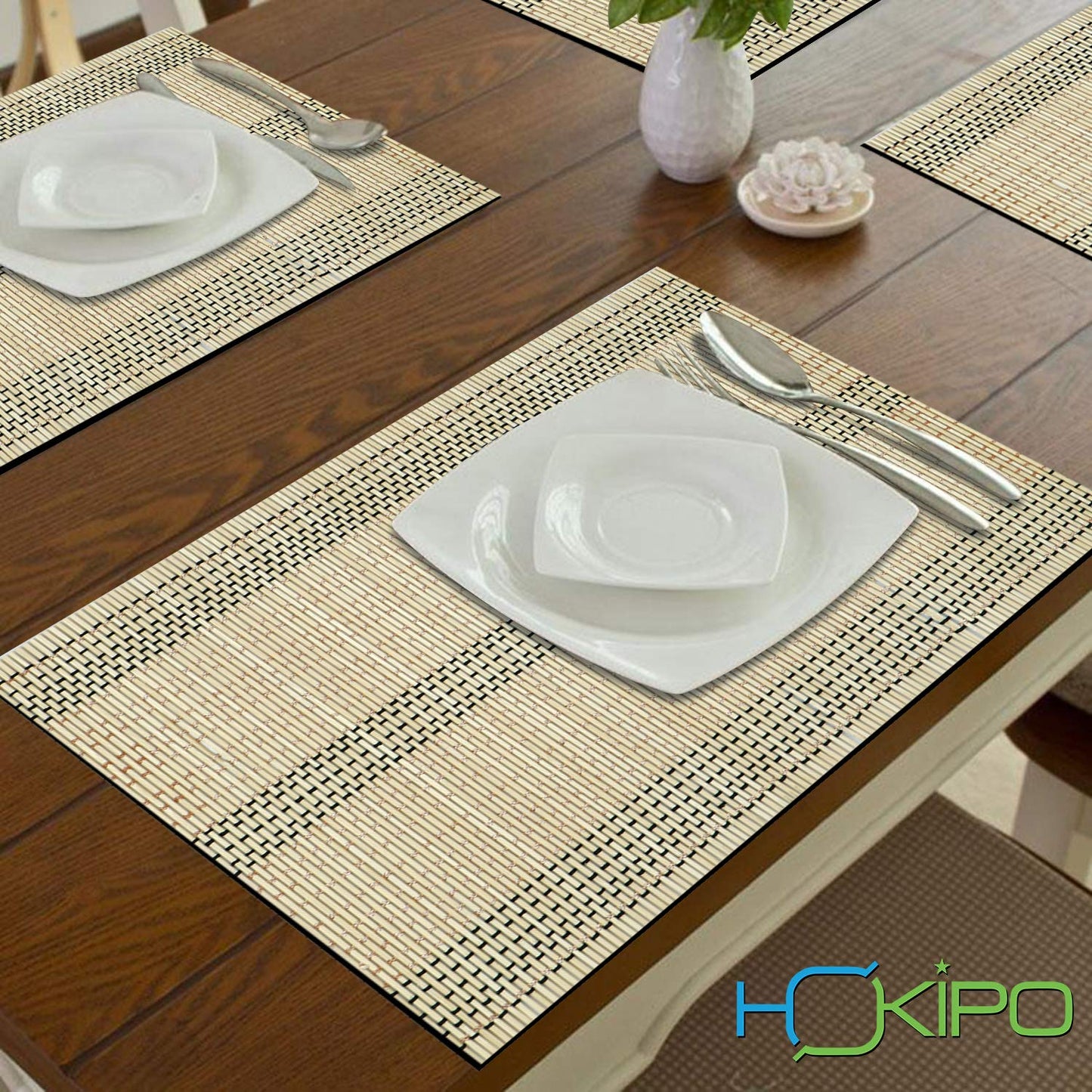 Reversible Bamboo Placemats Set Of 4 Table Mats, 45X30 Cm, Beige