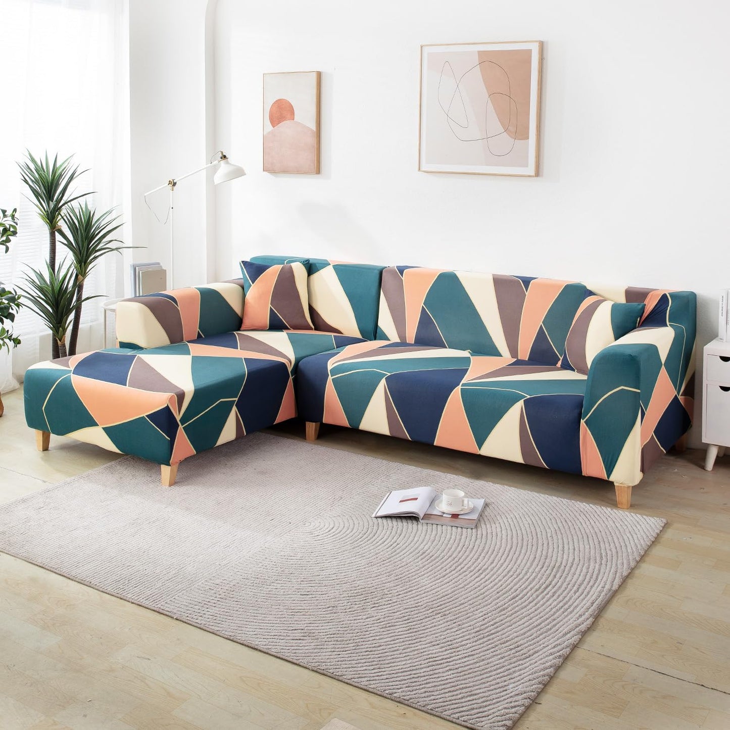HOKIPO Stretchable Pack of 2 Cushion Cover 16x16, Green Peach Abstarct