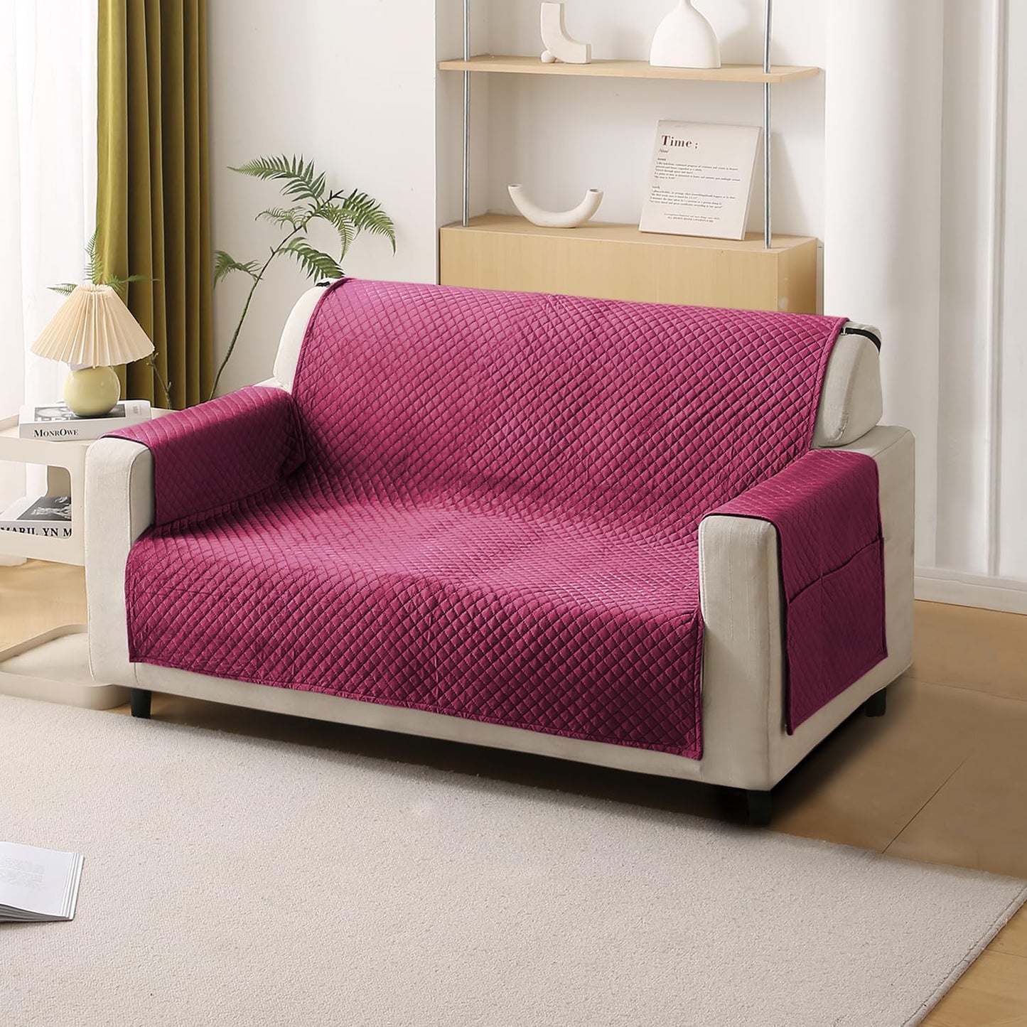 Quilted Velvet Sofa Cover Mat with Side Pockets, Pet Friendly, Wine