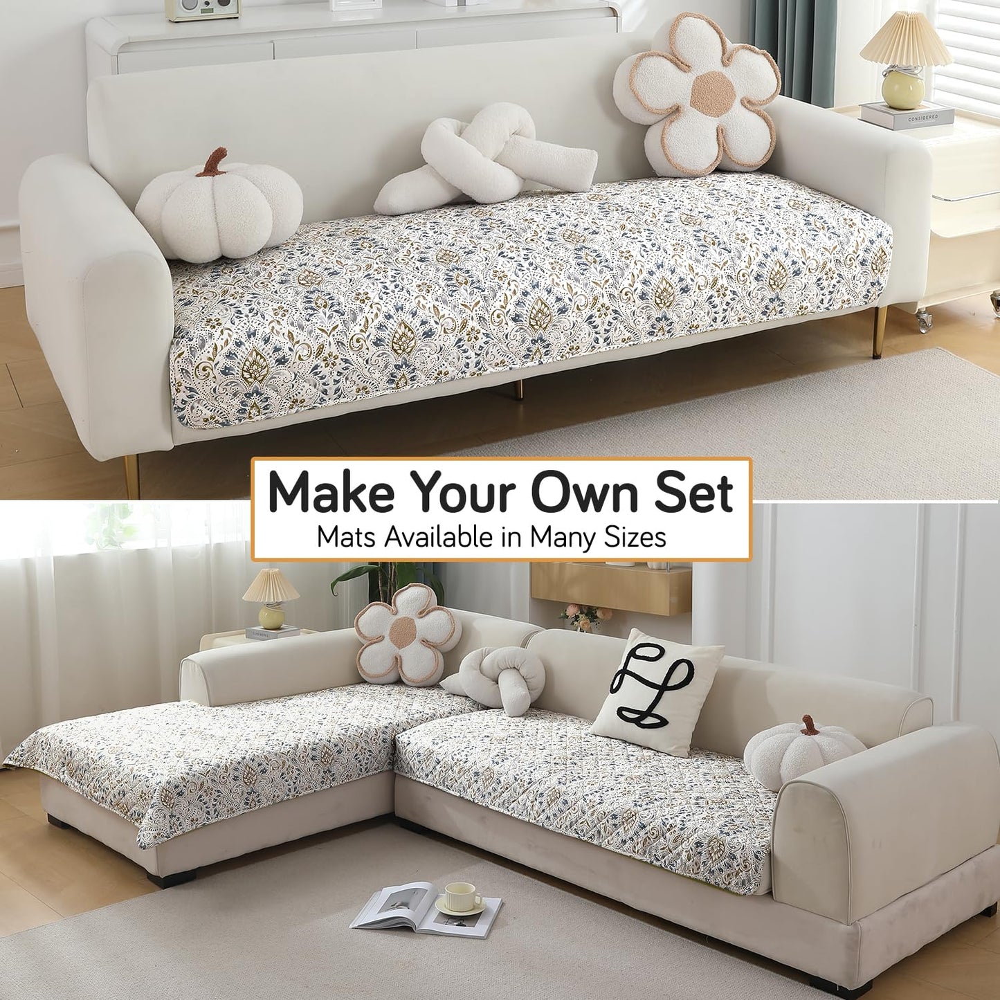 Quilted Waterproof and Anti-Slip Sofa Cover Mat, Damask White