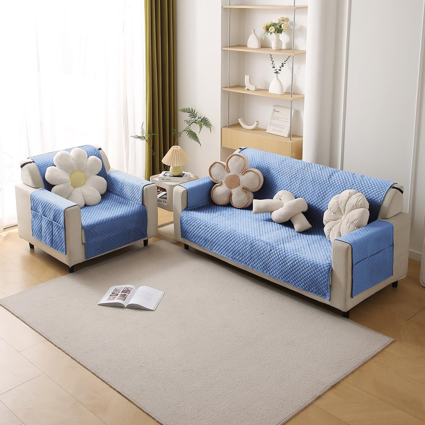Quilted Velvet Sofa Cover Mat with Side Pockets, Pet Friendly, Placid Blue