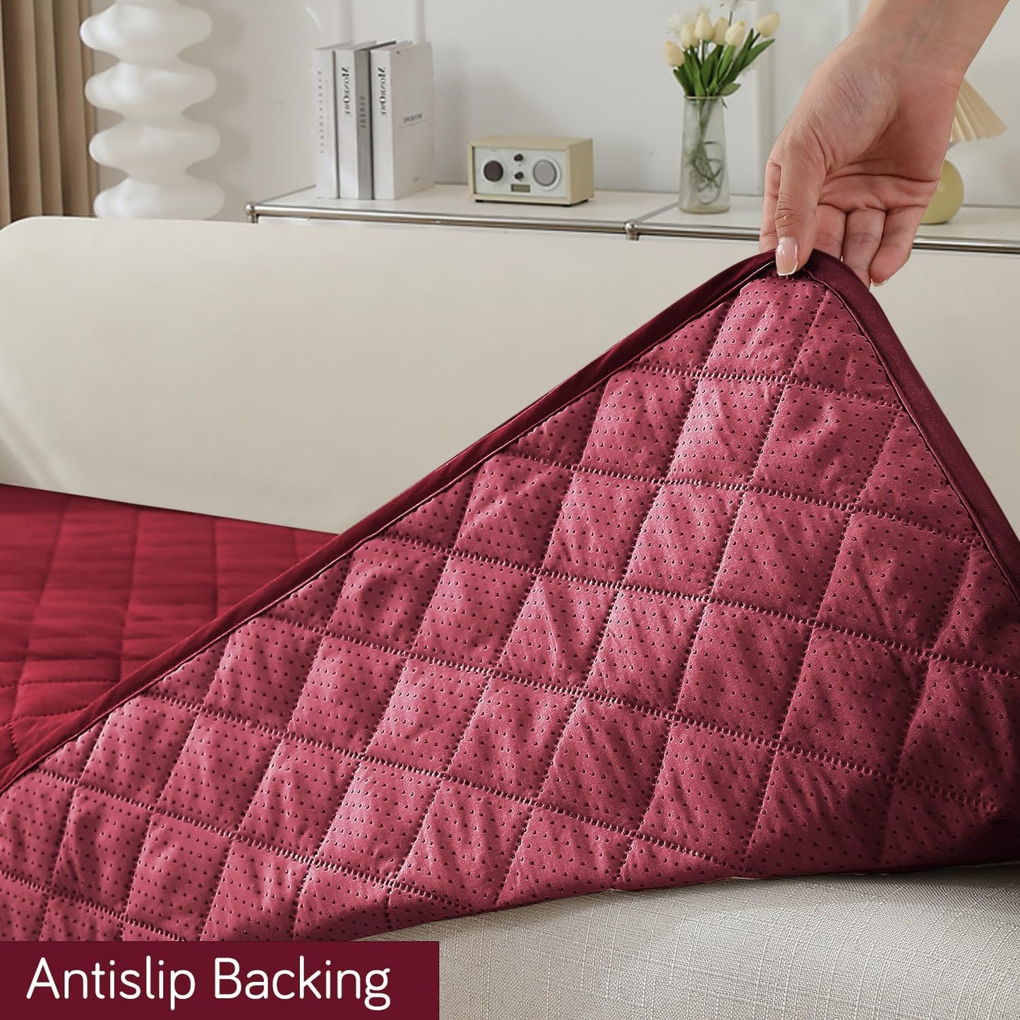 HOKIPO Quilted Waterproof Sofa Seat Mat for 1/2/3 Seater Sofa with 2 Armrest Covers with Pockets, Maroon