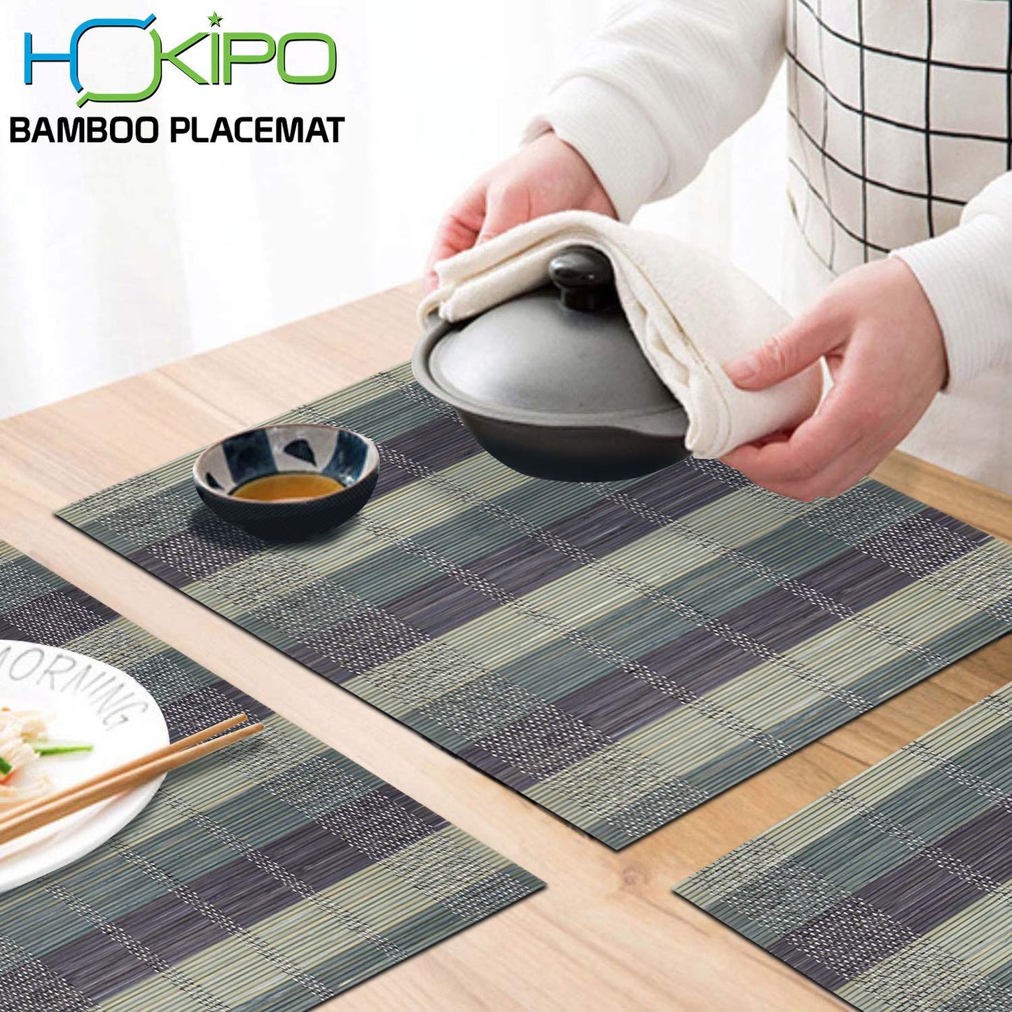 Heat Resistant Bamboo Placemats Set of 6 Dining Table Mats, 45x30 cm, Bean Blue
