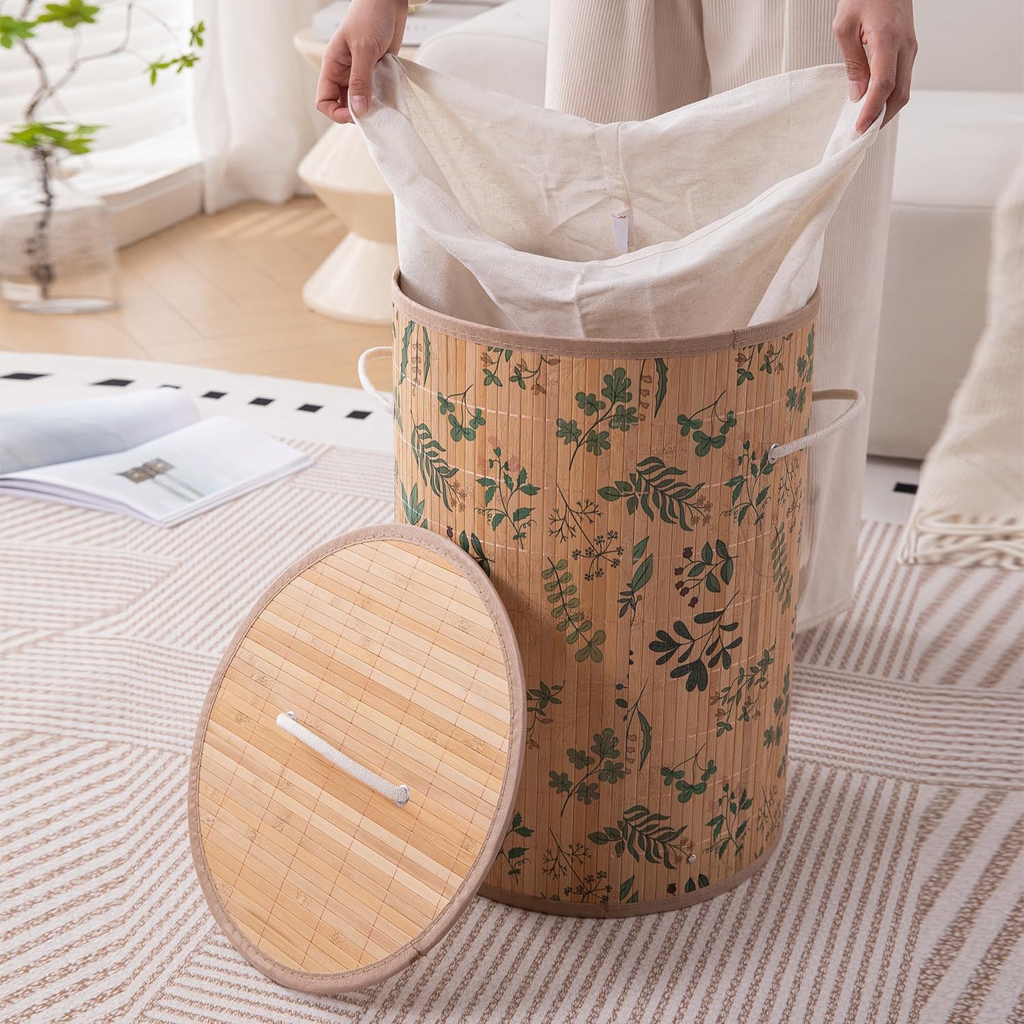 Eco-Friendly Foldable Bamboo Laundry Basket Hamper with Lid, Large, 61 Litre, Fern Leaves