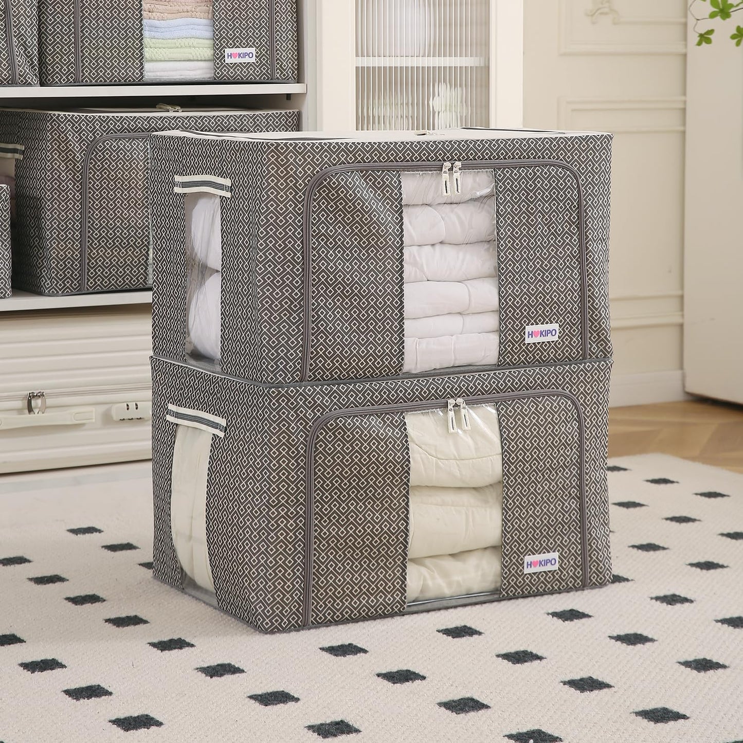 Wardrobe Organizer Storage Box | Foldable Cloth Storage Boxes with Metal Frame & Window | 600D Oxford Fabric, Charcoal Grey