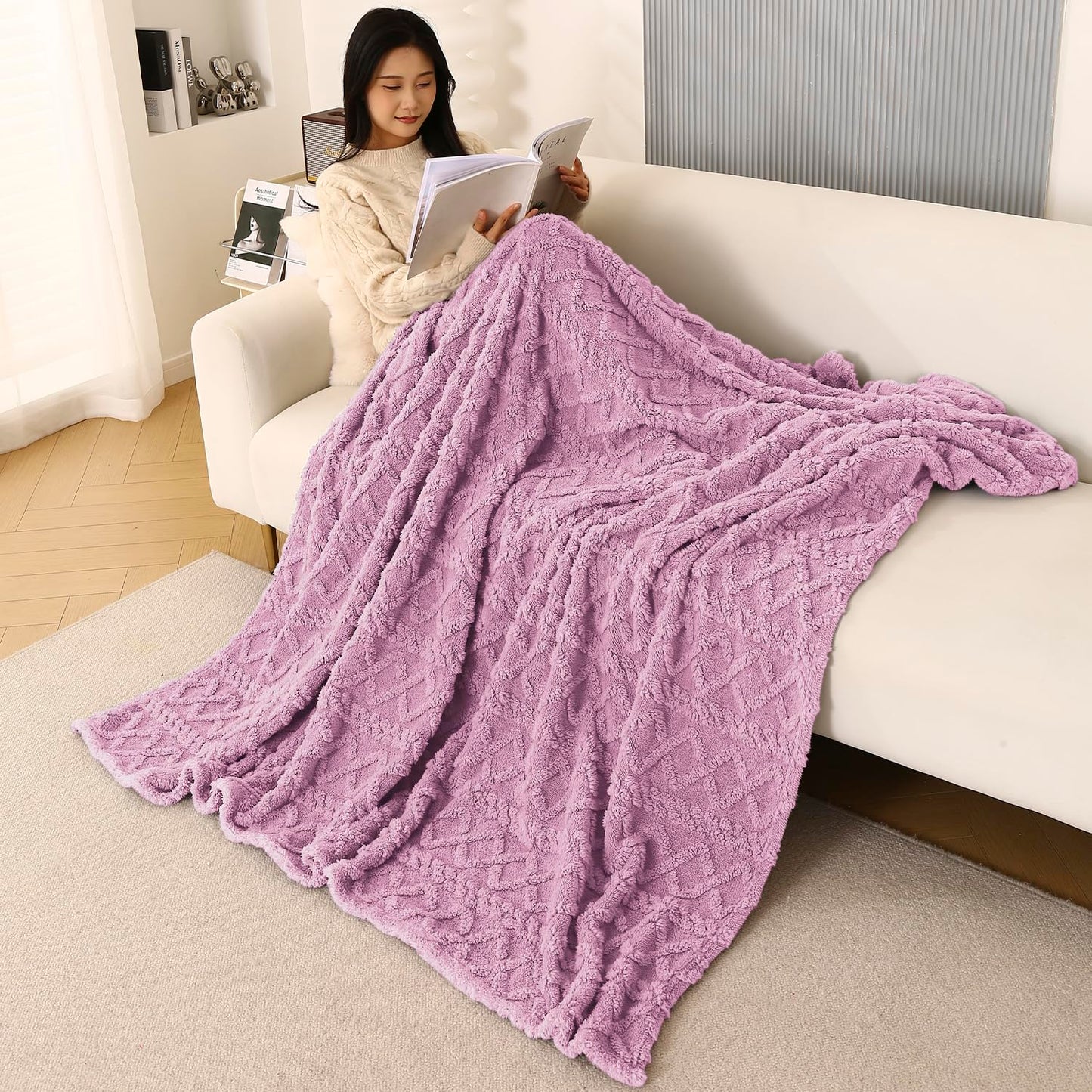 220 GSM Flannel AC Throw Blanket Double Bed Queen, 200x230 cm / 6.5x7.5 feet, Lilac