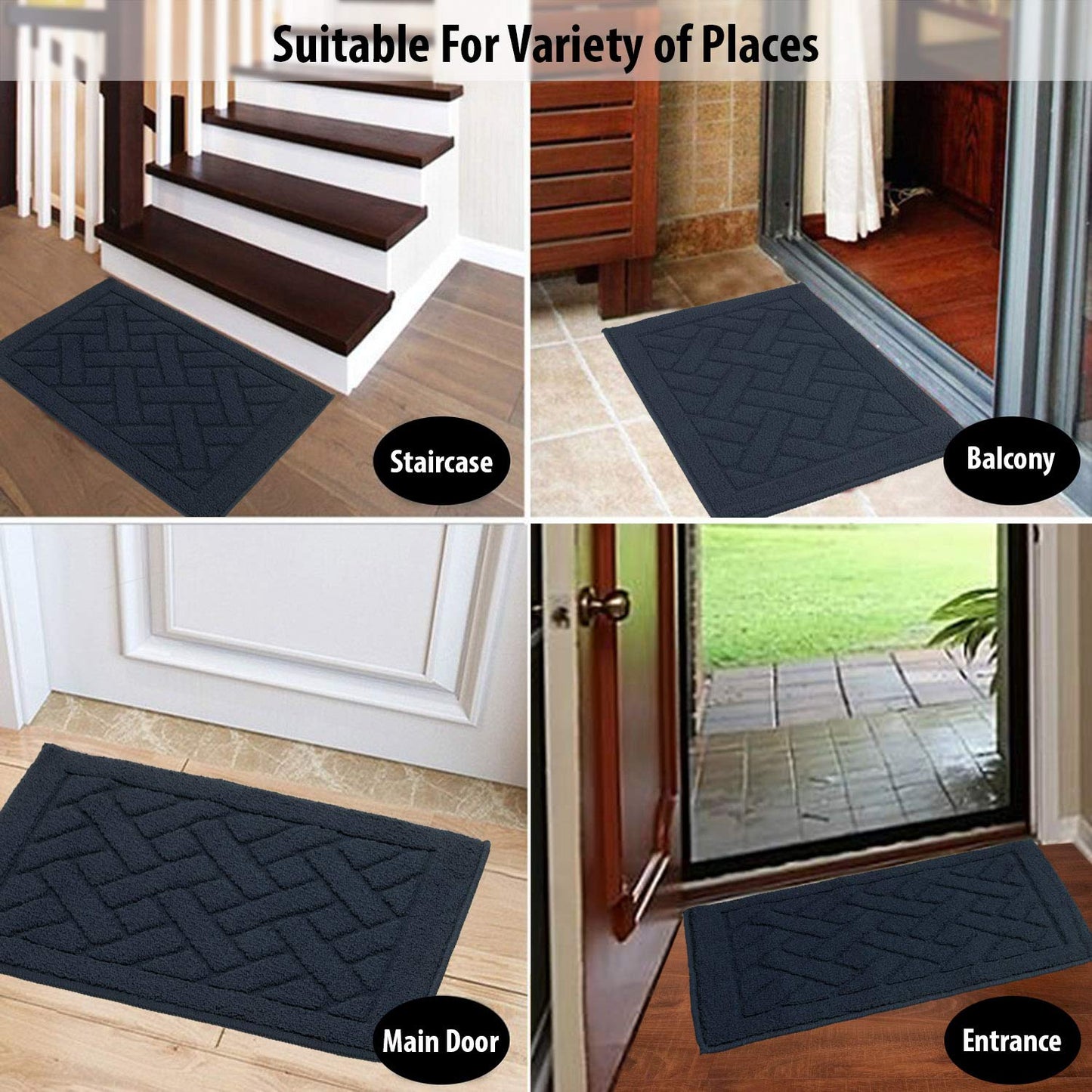 Front Door Inside and Outside Dirt Trapper Mat Polypropylene Fiber Anti-Slip Rubber Back Machine Washable Mat, Rectangular - 45 x 70 cm, Blue