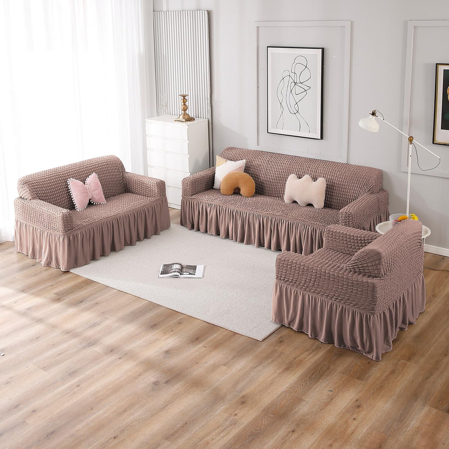 Mocha Elastic stretchable Turkish Bubble frill sofa cover set available for 1, 2, 3, 4, 5, 6 & 7 seater sofas