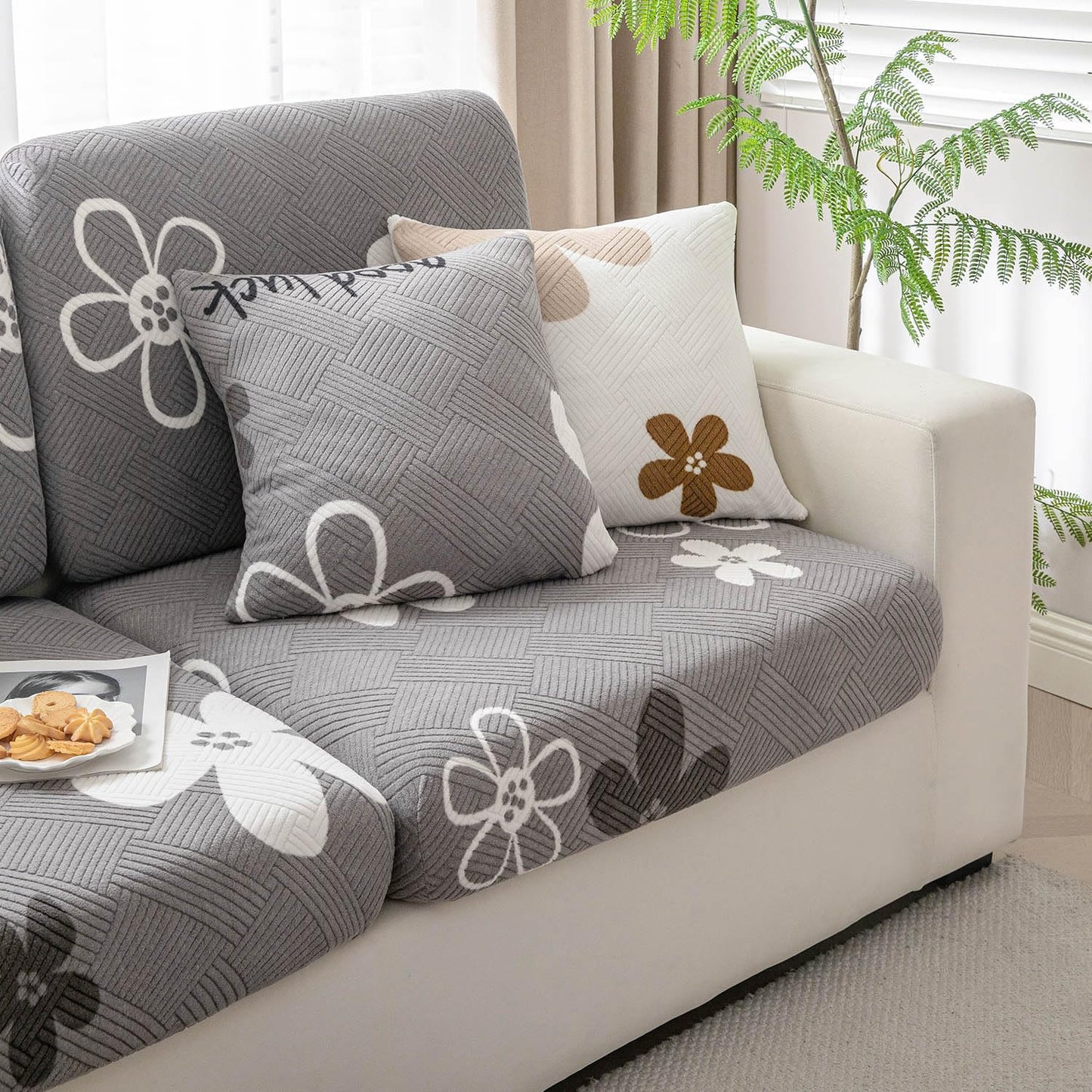 Stretchable Thick Fleece Textured Seat Couch Cushion Cover for 1/2/3 Seater, Moon Grey