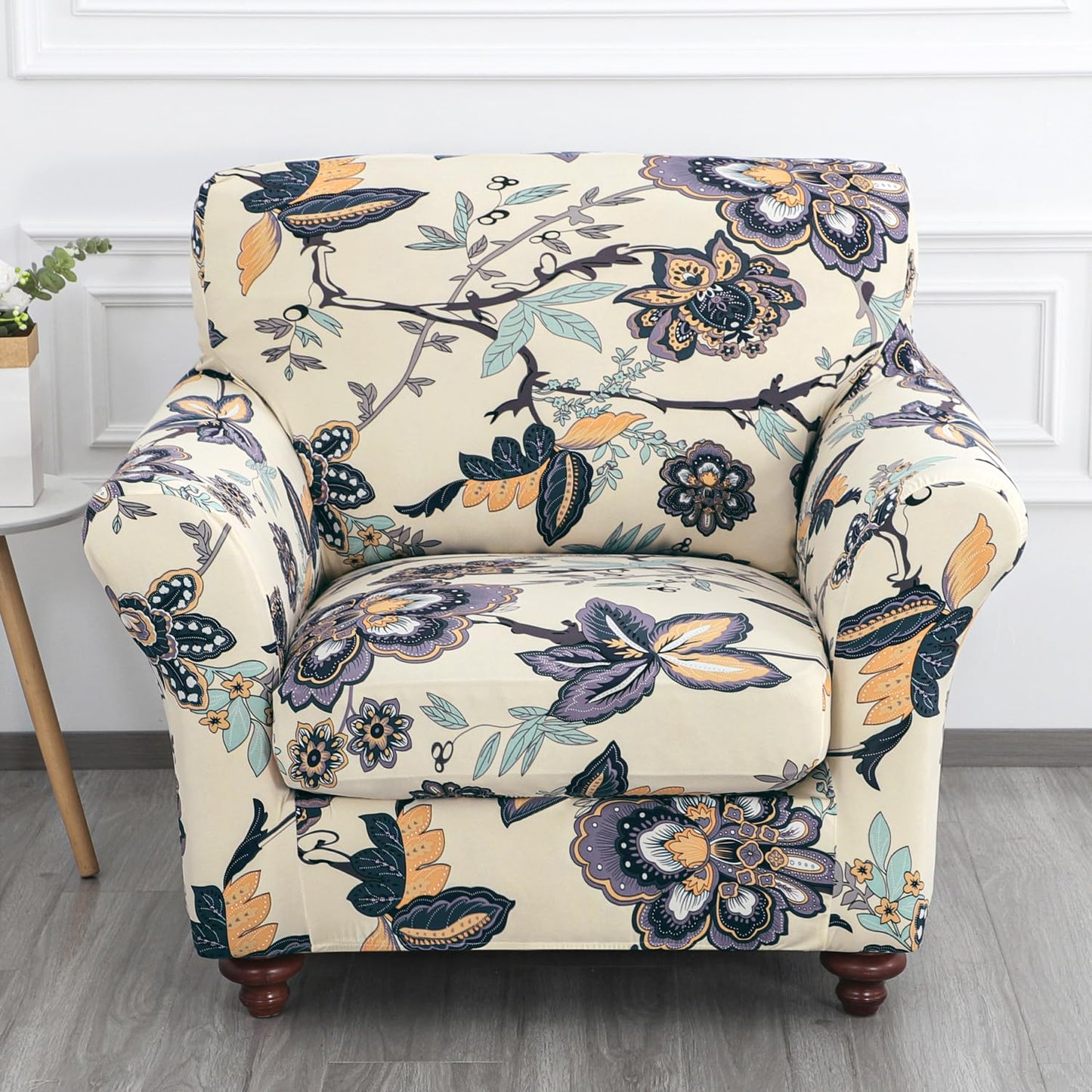 Printed Stretchable Sofa Slipcover with 1/2/3 Pc Separate Seat Cushion Cover for each 1/2/3 Seater, Cream Majestic Flora