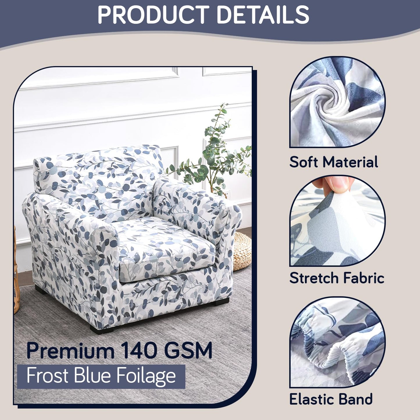 Printed Stretchable Sofa Slipcover with 1/2/3 Pc Separate Seat Cushion Cover for each 1/2/3 Seater,Frost Blue Foilage