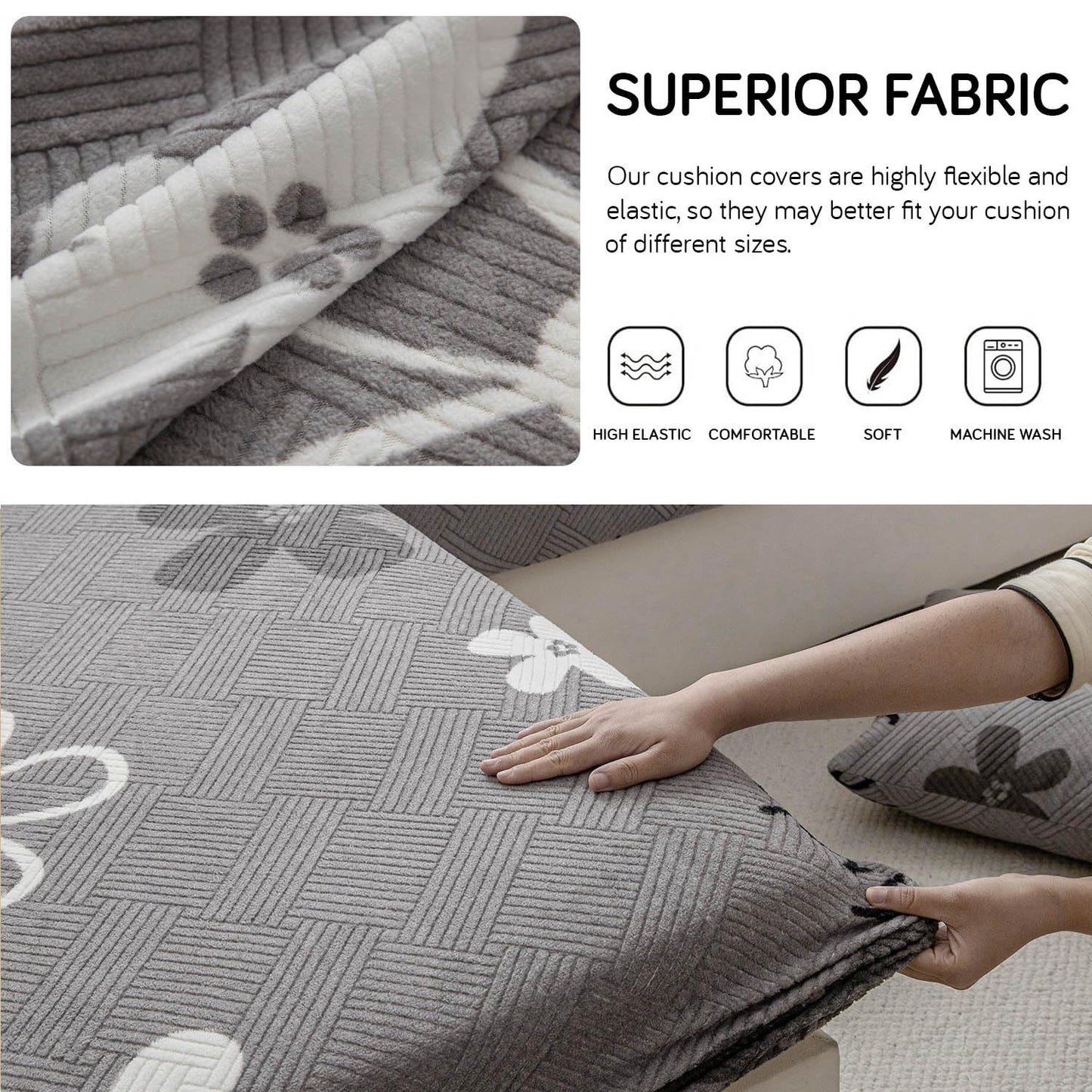 Stretchable Thick Fleece Textured Seat Couch Cushion Cover for 1/2/3 Seater, Moon Grey