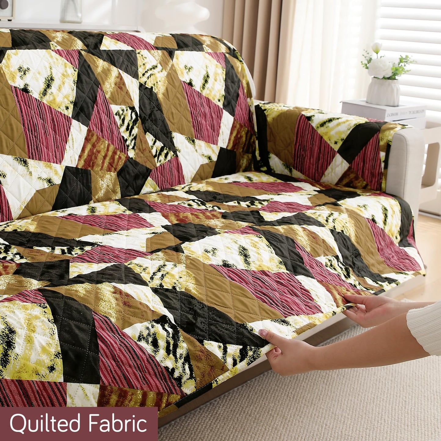 HOKIPO Waterproof Printed Quilted Quick Dry L Shape Sofa Seat Cover Mat, Wine Abstract Geometry