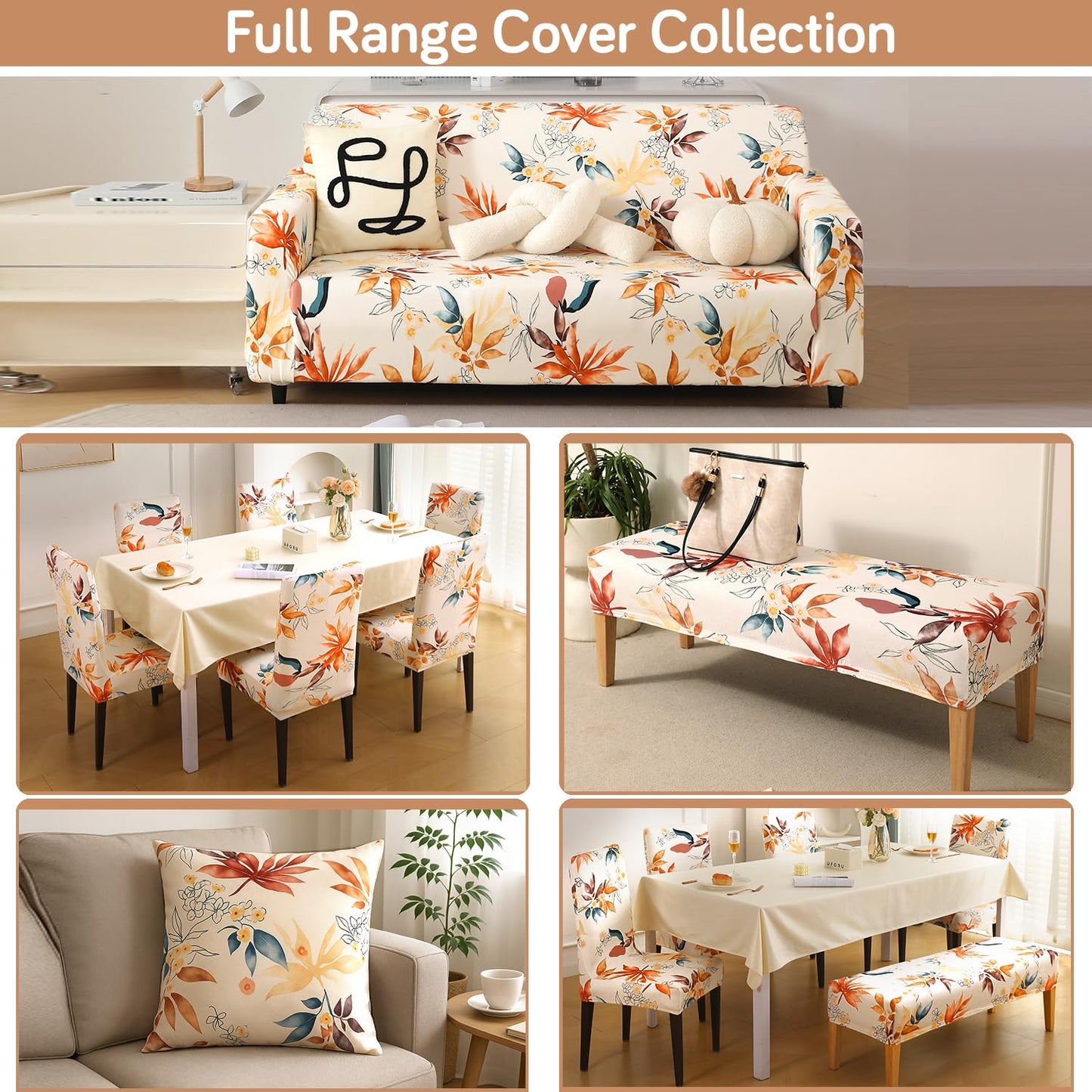 Premium Printed Velvet Elastic Dining Bench Cover, Amber Serene Flora