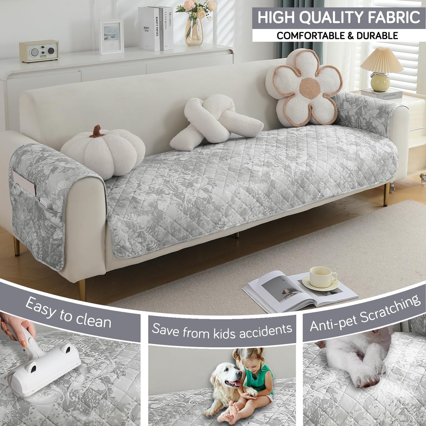 HOKIPO Quilted Waterproof Sofa Seat Mat with 2 Armrest Covers with Pockets, Motifs Cloud Grey