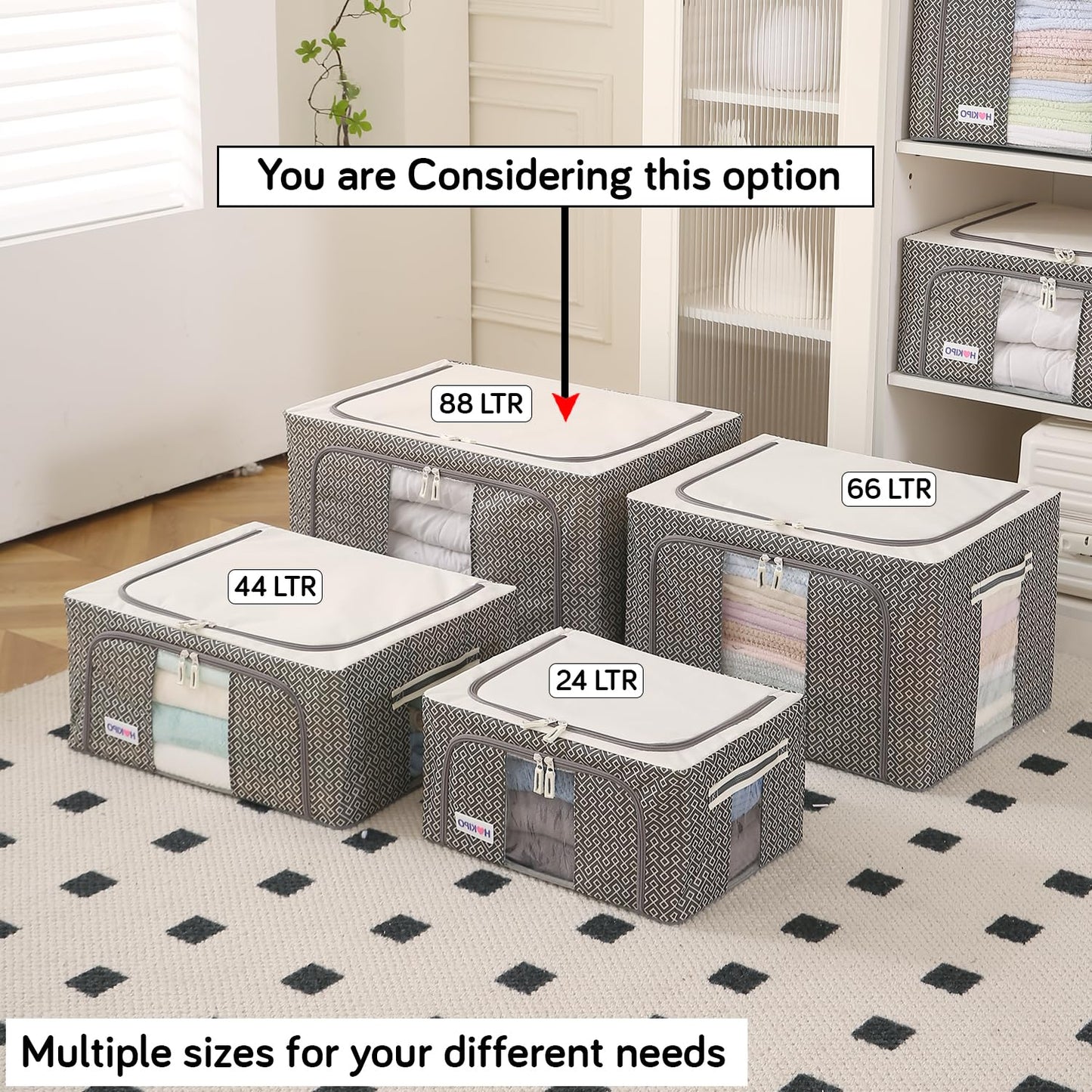 Wardrobe Organizer Storage Box | Foldable Cloth Storage Boxes with Metal Frame & Window | 600D Oxford Fabric, Charcoal Grey