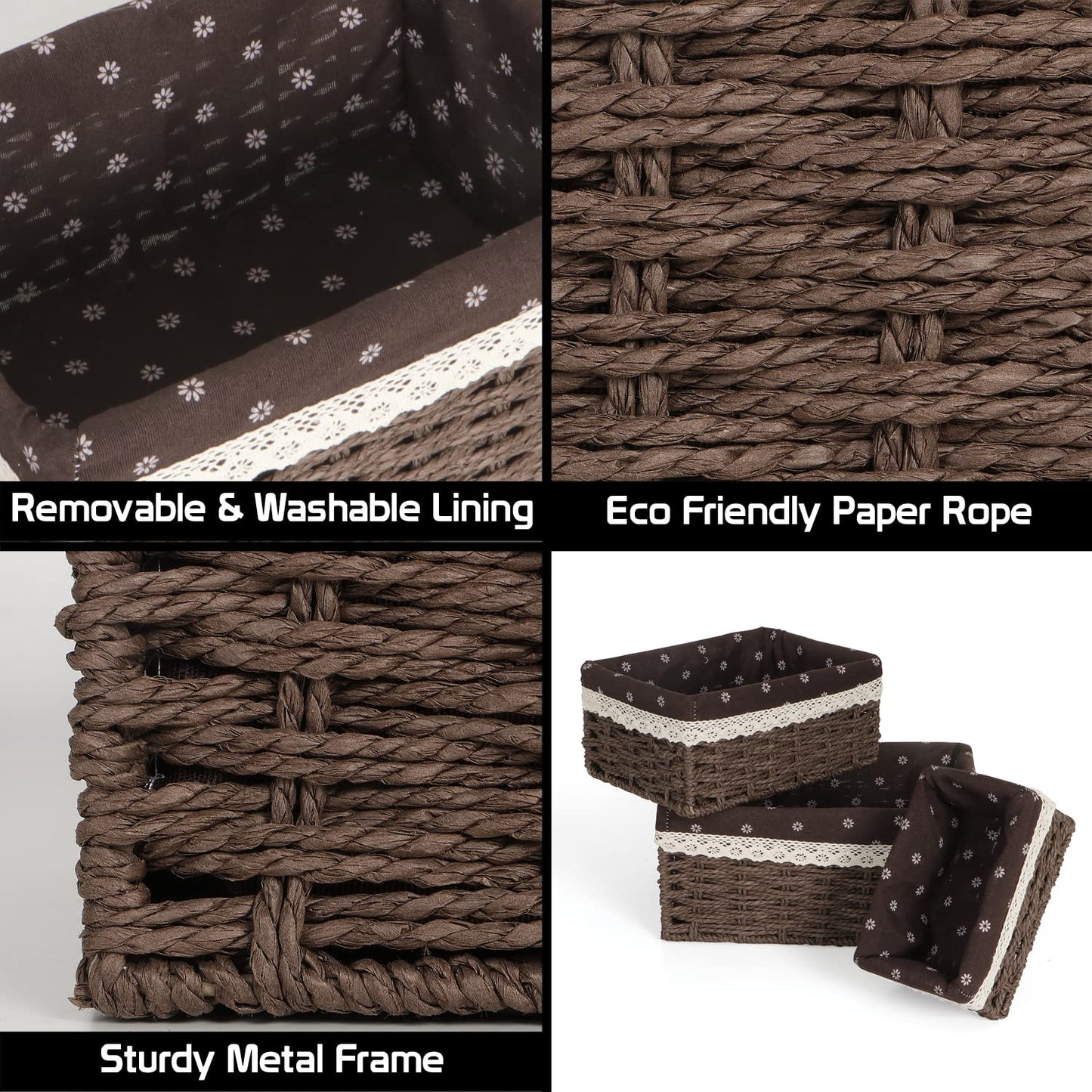Eco-Friendly Handwoven Paper Weave Wicker Oval Basket For Home, Office, Wardrobe. Pack Of 3, Brown