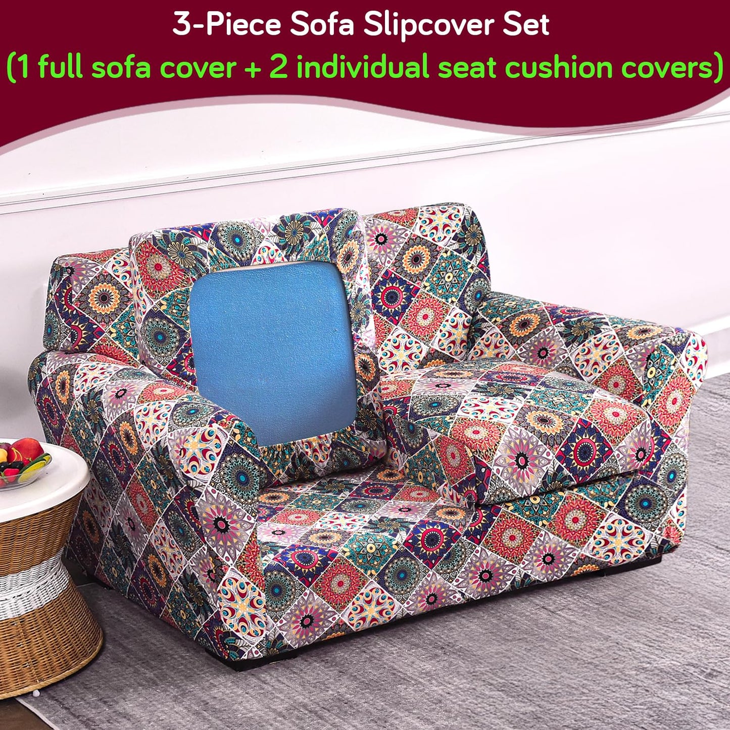 Printed Stretchable Sofa Slipcover with 1/2/3 Pc Separate Seat Cushion Cover for each 1/2/3 Seater, Spectrum Mosaic Magic