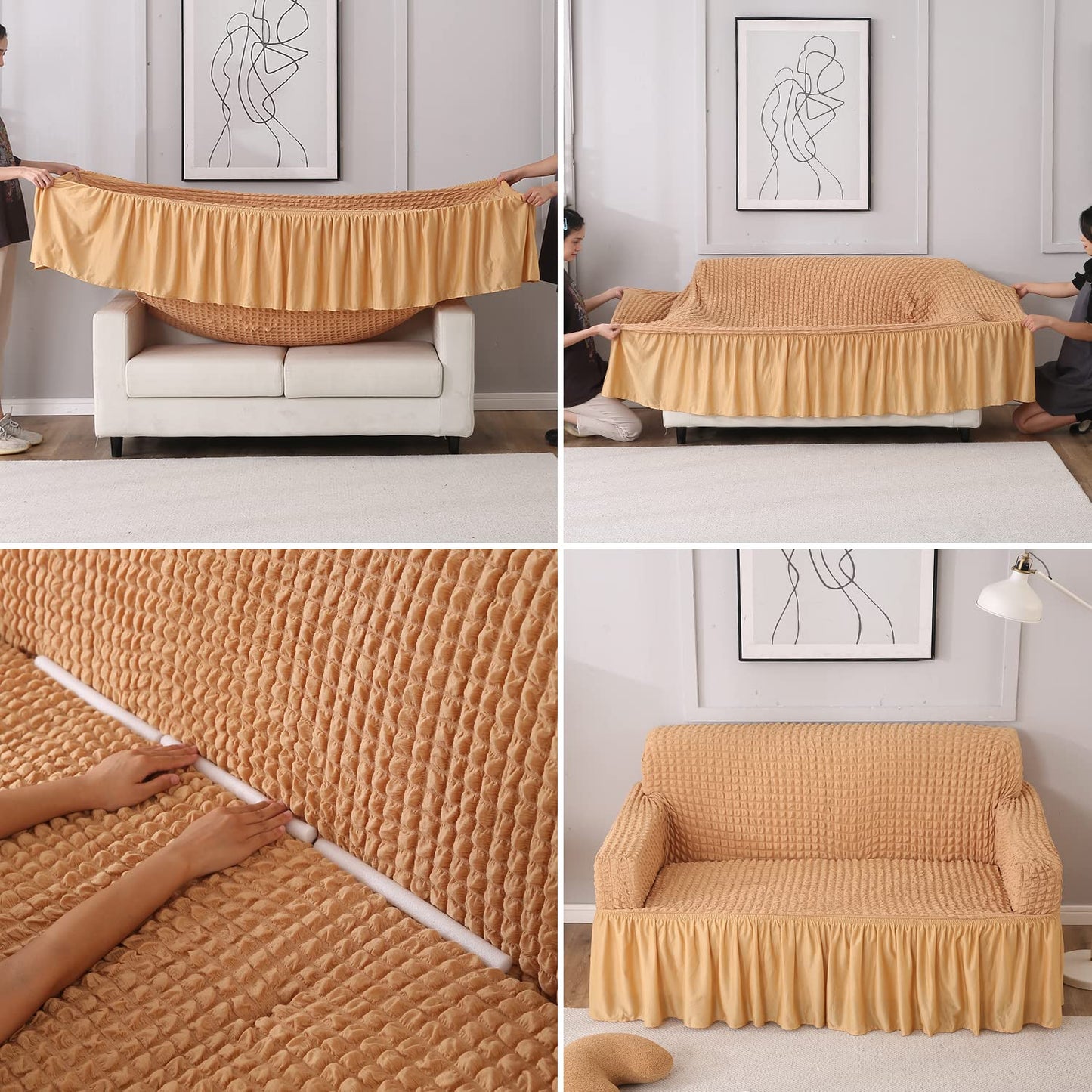 How to put Light Brown stretchable Turkish Bubble frill sofa cover guide