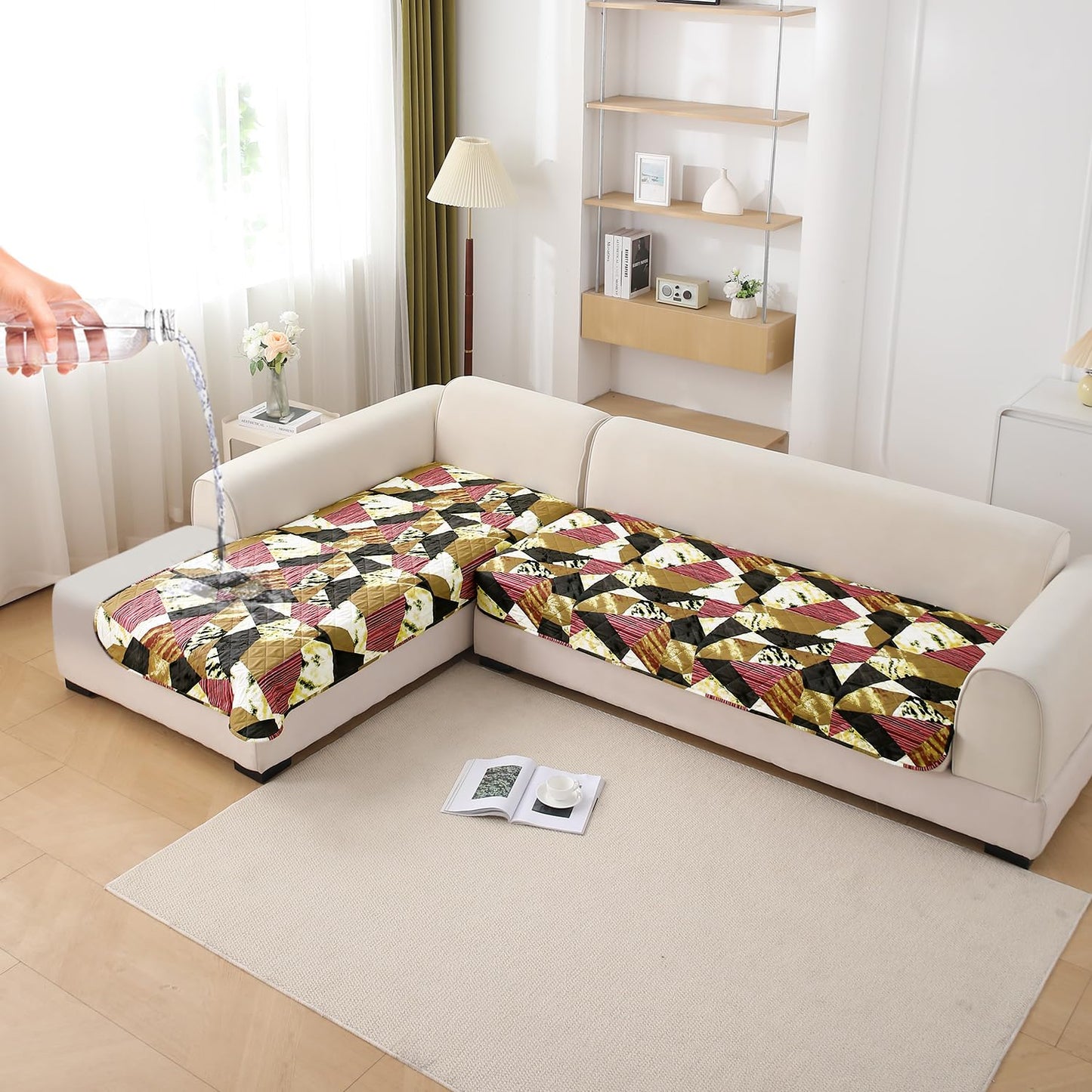 HOKIPO Waterproof Printed Quilted Quick Dry L Shape Sofa Seat Cover Mat, Wine Abstract Geometry