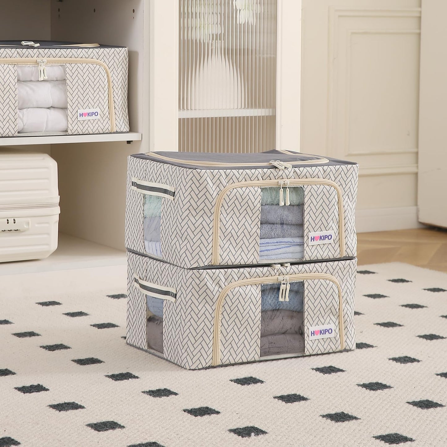 Wardrobe Organizer Storage Box | Foldable Cloth Storage Boxes with Metal Frame & Window | 600D Oxford Fabric, Cream Mist