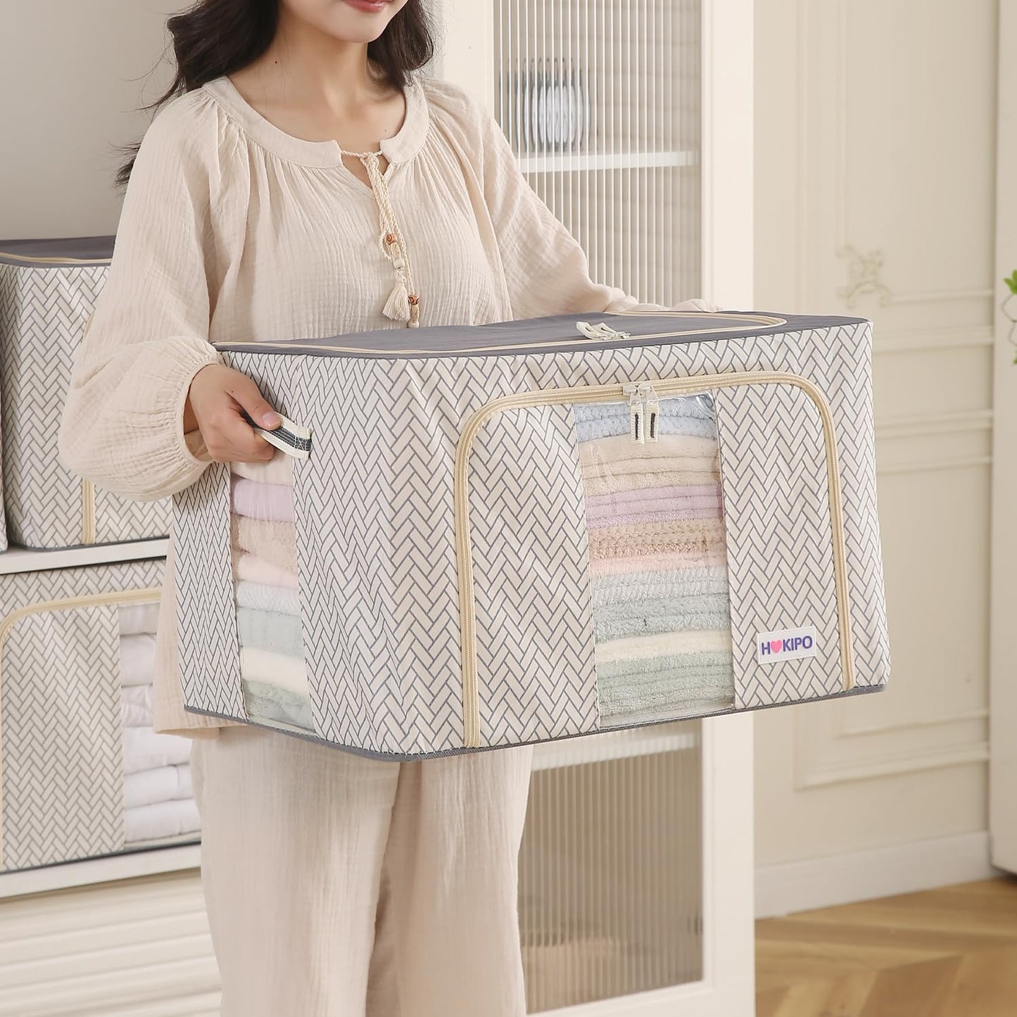 Wardrobe Organizer Storage Box | Foldable Cloth Storage Boxes with Metal Frame & Window | 600D Oxford Fabric, Cream Mist