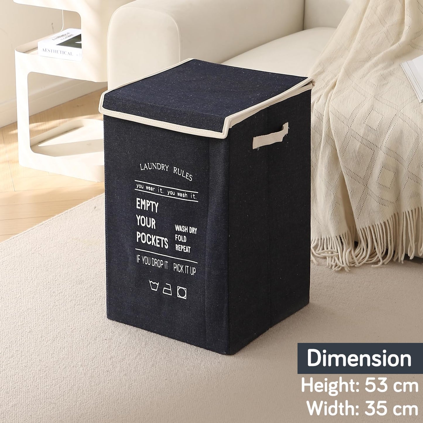 Foldable Laundry Basket for Clothes with Lid, Navy Blue