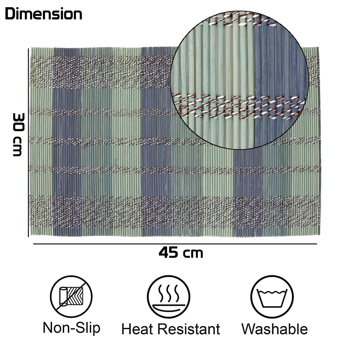 Reversible Bamboo Table Mats for Dining Table, Set of 6 Placemats, 45 x 30 cm, Multicolour