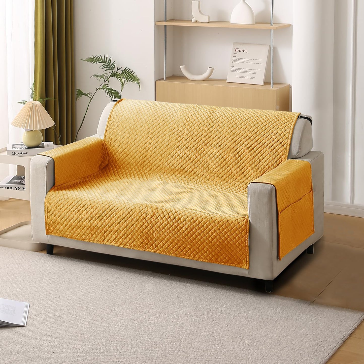 Quilted Velvet Sofa Cover Mat with Side Pockets, Pet Friendly, Mustard Yellow