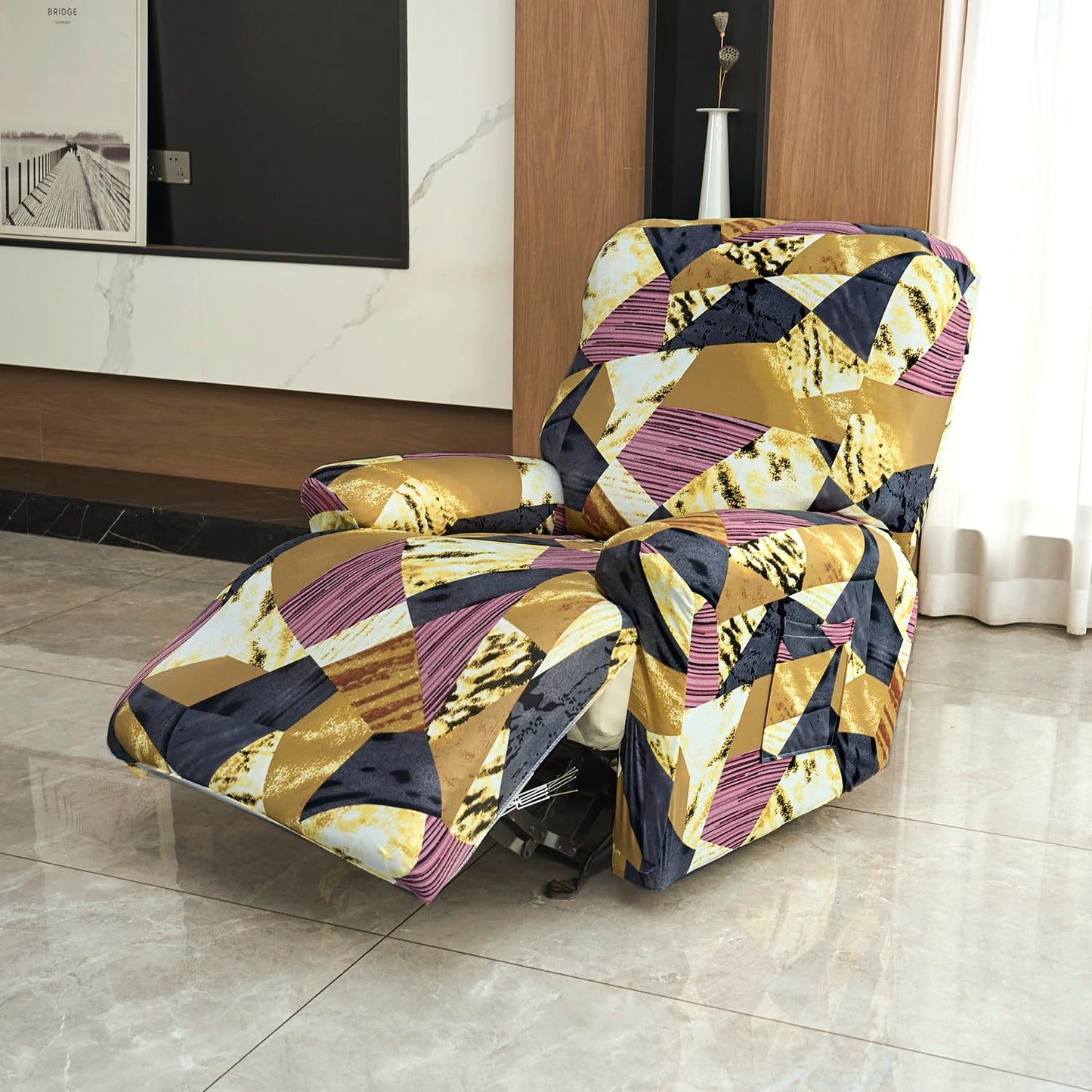 Elastic Stretchable Printed 140gsm Fully Covered Recliner Sofa Cover, Wine Abstract Geometry