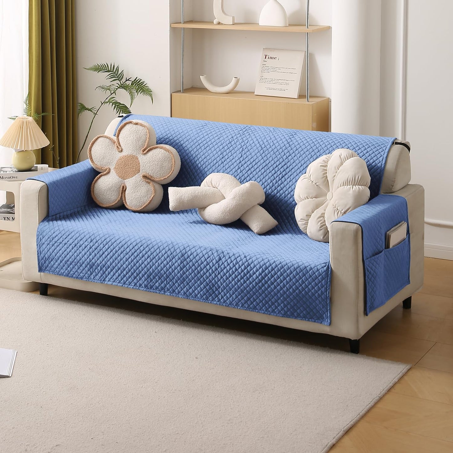 Quilted Velvet Sofa Cover Mat with Side Pockets, Pet Friendly, Placid Blue