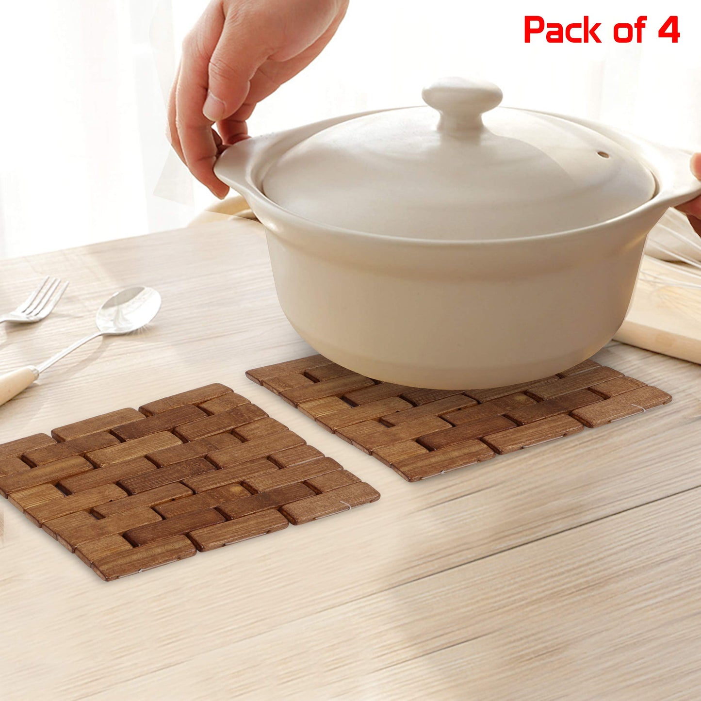 Square Bamboo Coaster, Pan Pot Holder, 18 x 18 cm, Pack of 2/4/6