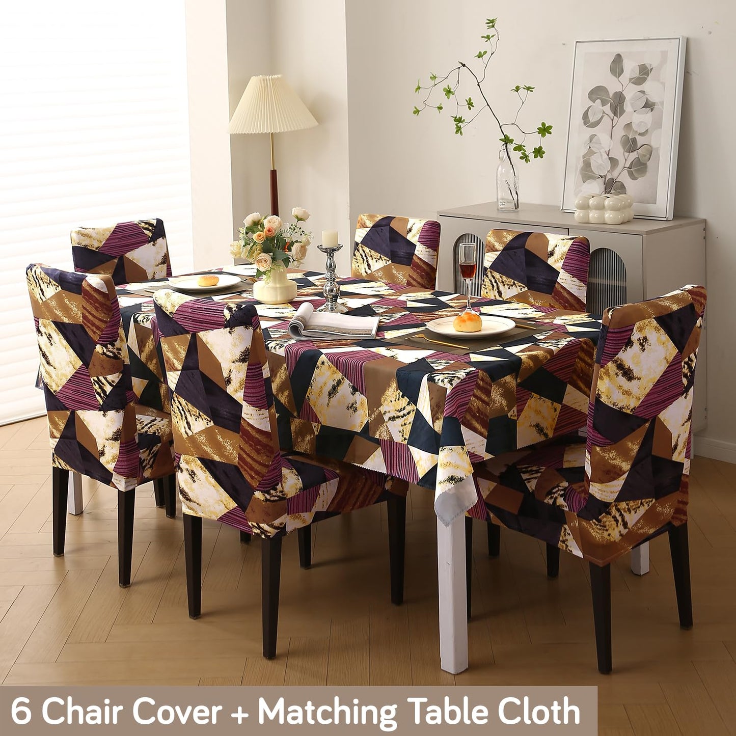 HOKIPO Elastic Dining Chair Covers with Matching Tablecloth, Wine Abstract Geometry