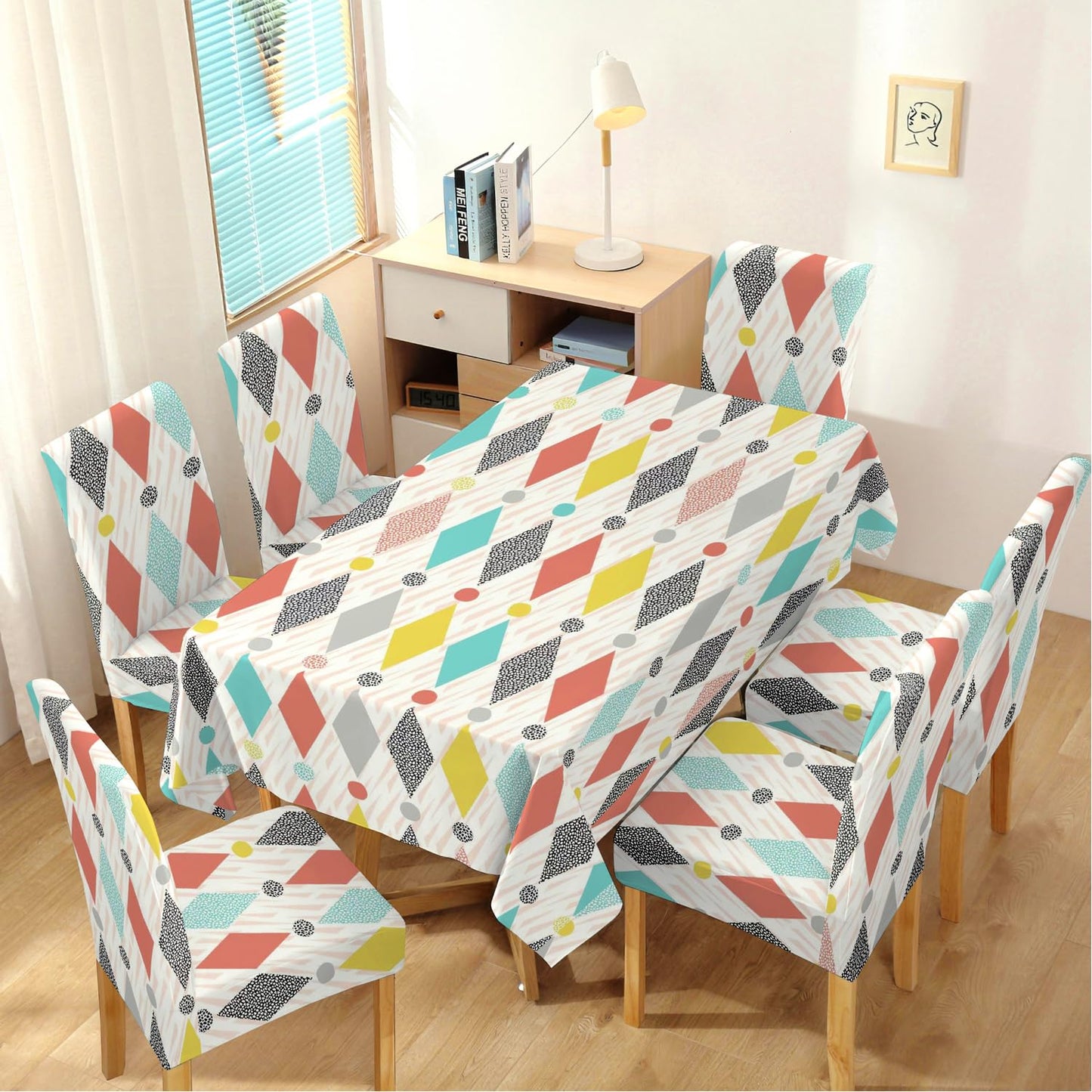 Elastic Dining Chair Covers Set of 4/6 with Matching Tablecloth, Rhombus Multicolor