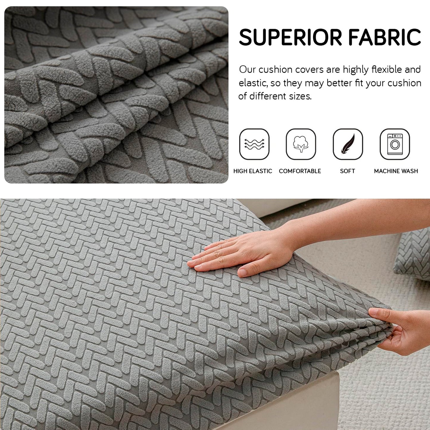Stretchable Thick Jacquard Textured Seat Couch Cushion Cover for 1/2/3 Seaters, Dark Grey