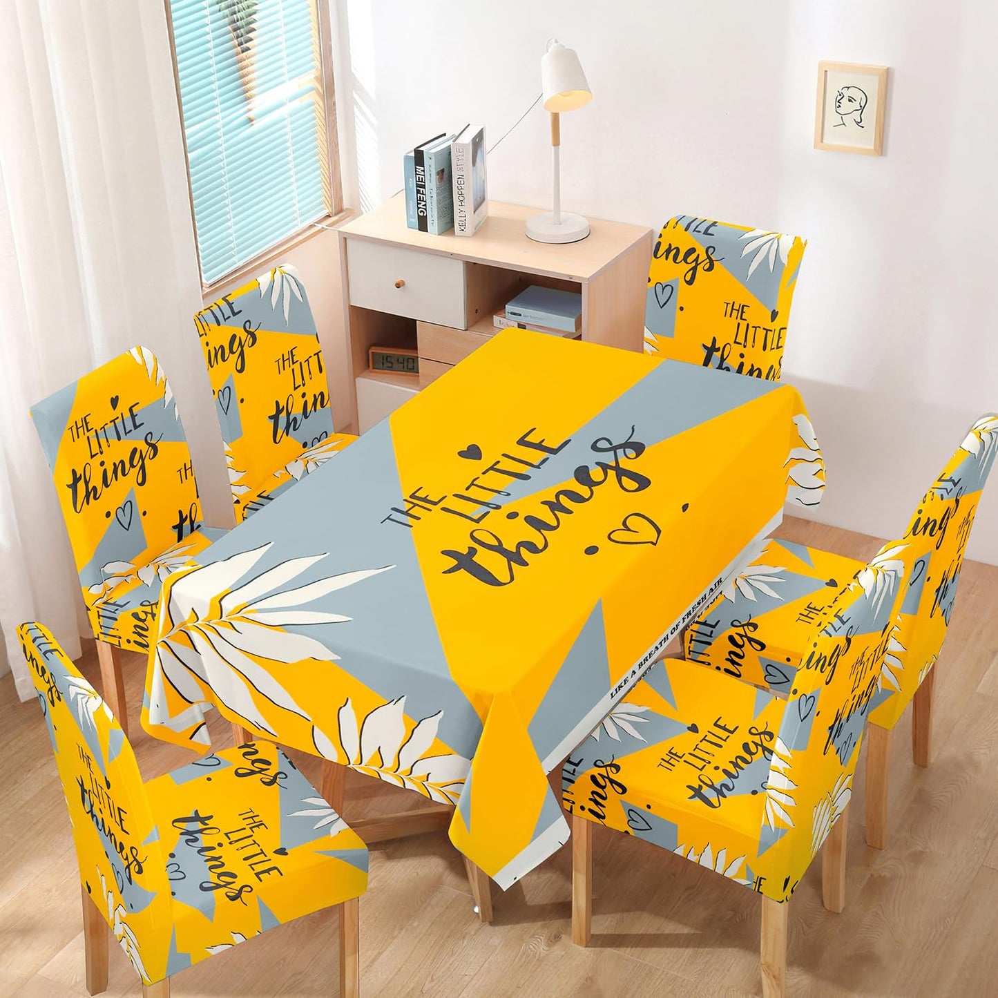 HOKIPO Polyester Dining Chair Covers Set of 4/6 with Matching Tablecloth, Typography Cyber Yellow