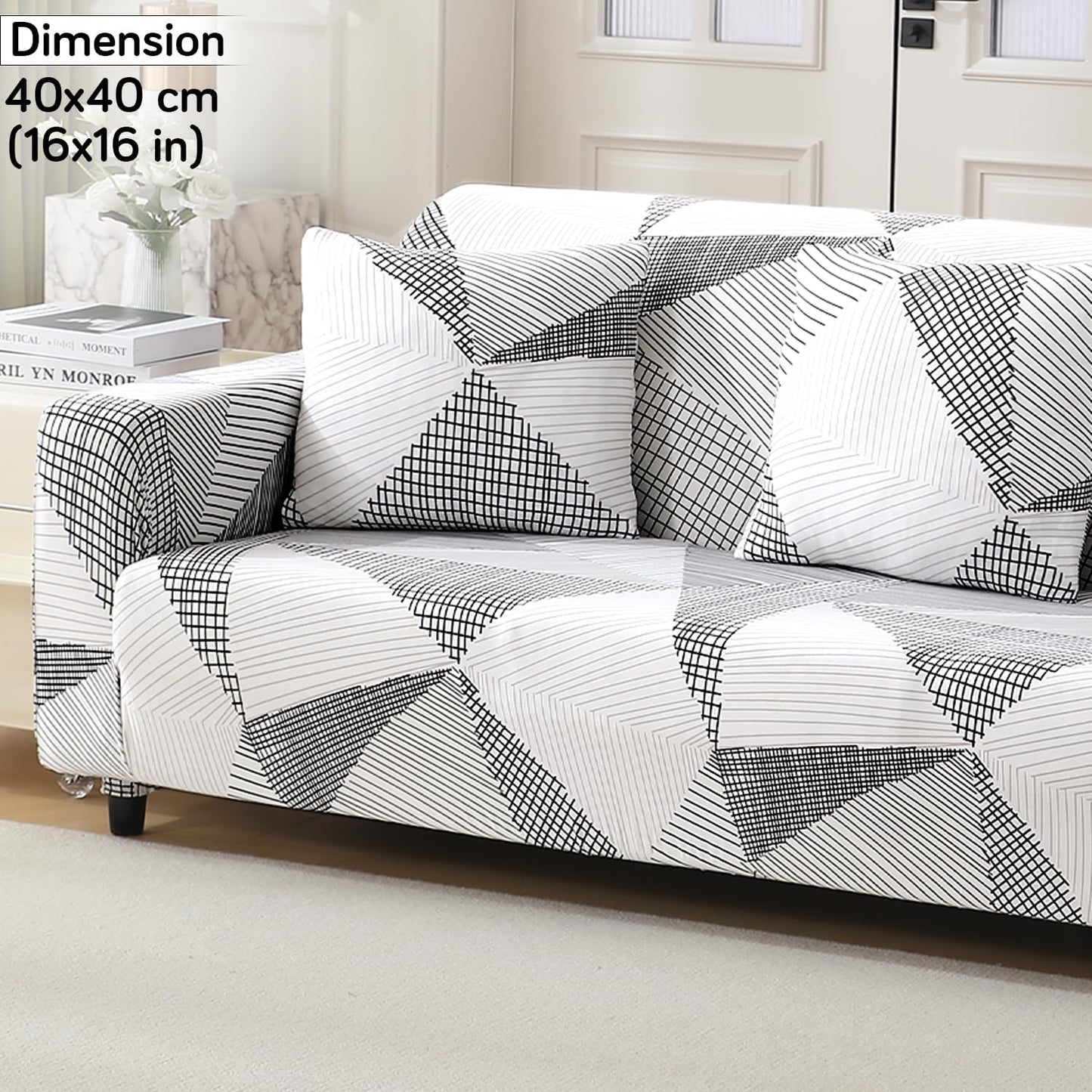 HOKIPO Stretchable Pack of 2 Cushion Cover 16x16 inch, Snow White Black Geometry
