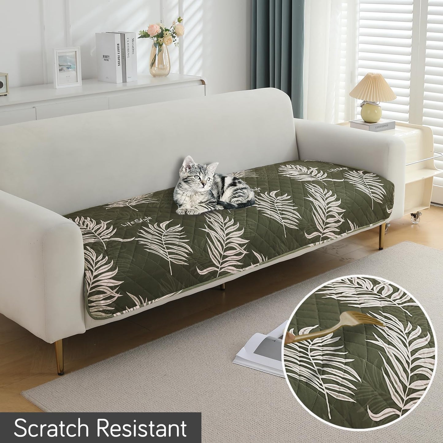 Quilted, Waterproof and Anti-Slip Sofa Cover Mat, Palm Leaves Olive