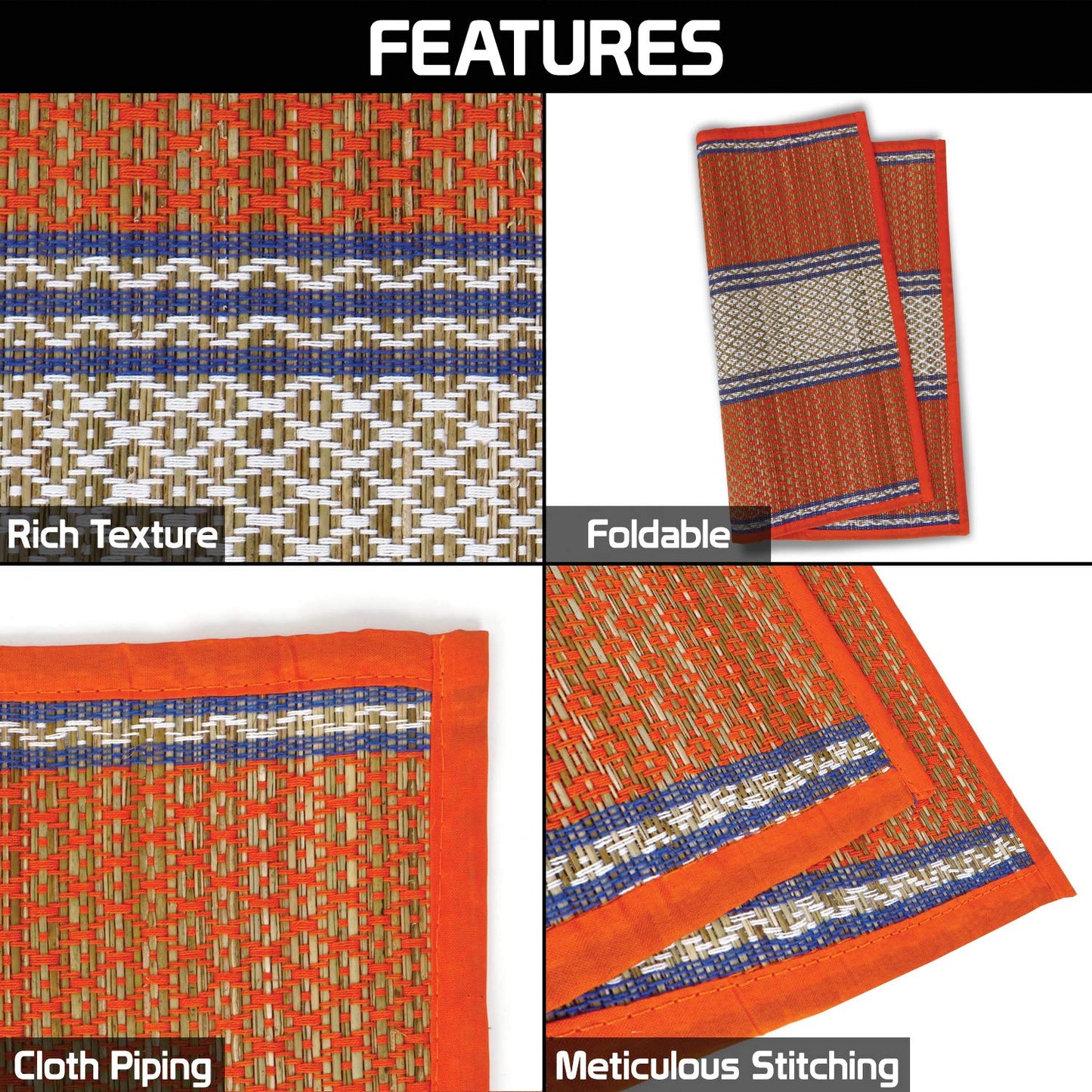 Natural River Grass Handcrafted Pooja Floor Mats/Meditation Prayer Mat/Sittting Mat/Aasan Mat Chatai for Pack of 2/4/6/8, Orange