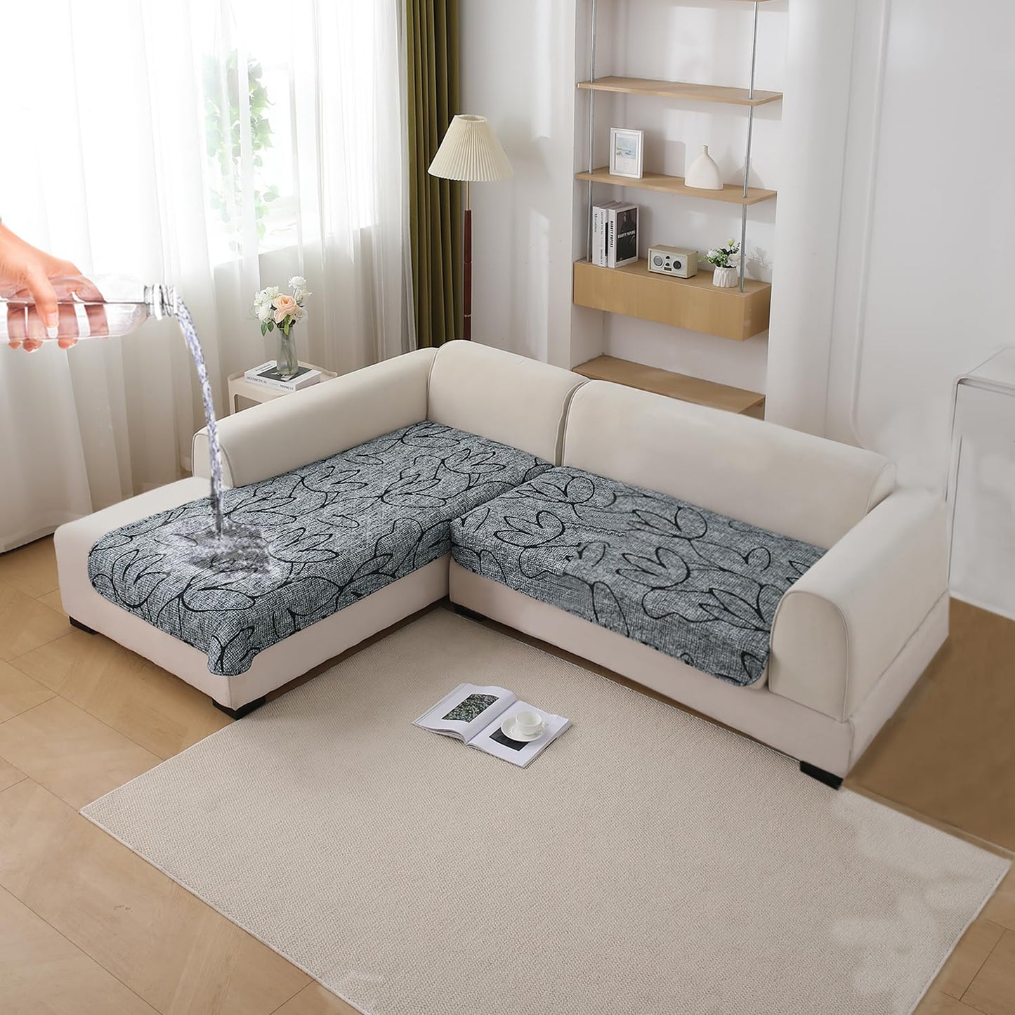 Waterproof Printed Quilted Quick Dry L Shape Sofa Seat Cover Mat, Intense Grey Abstract Floral