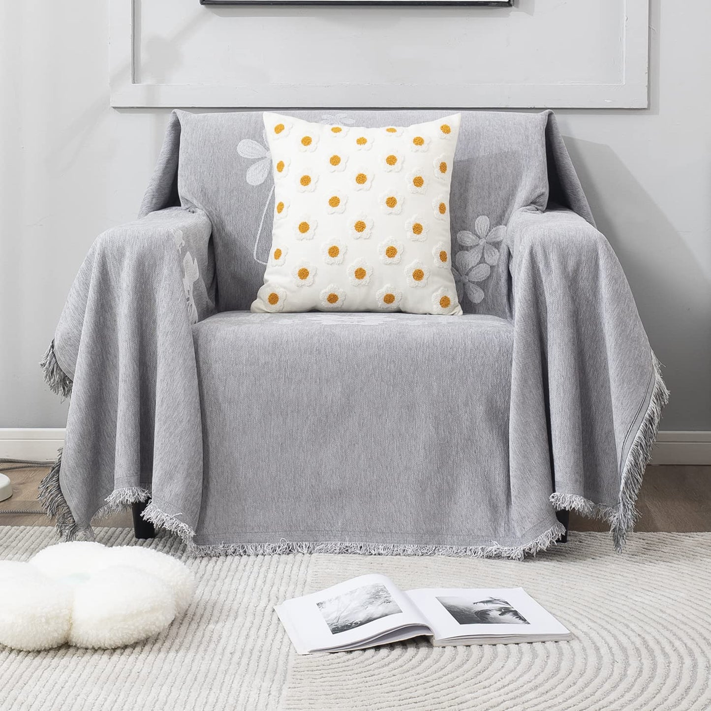 Thick, Soft and Pet Friendly Chenille Sofa Cover Throw, Grey Nature