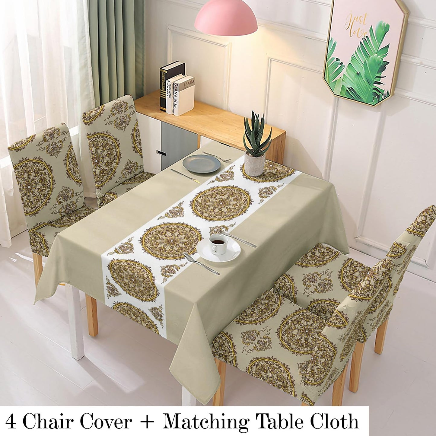 Polyester Dining Chair Covers Set of 4/6 with Matching Tablecloth, Mandala Sand Brown