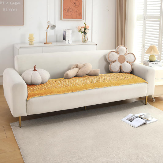 Handloom Made Thick Poly Velvet Reversible Sofa Mat for 1/2/3 Seater, Buff Cream