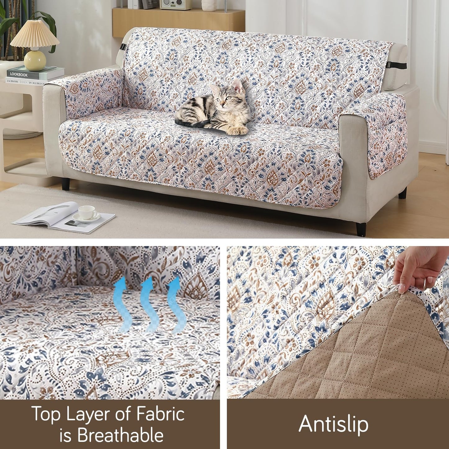 Quilted Waterproof Sofa Cover Mat with Pockets on Armrest Cover -Damask White