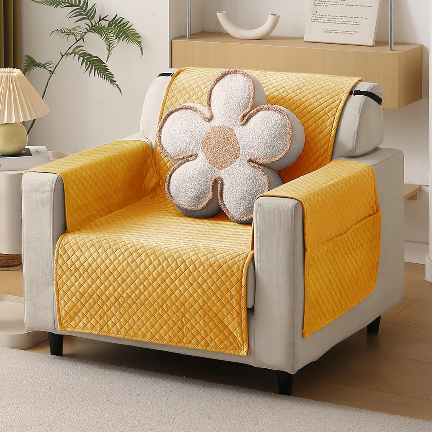 Quilted Velvet Sofa Cover Mat with Side Pockets, Pet Friendly, Mustard Yellow