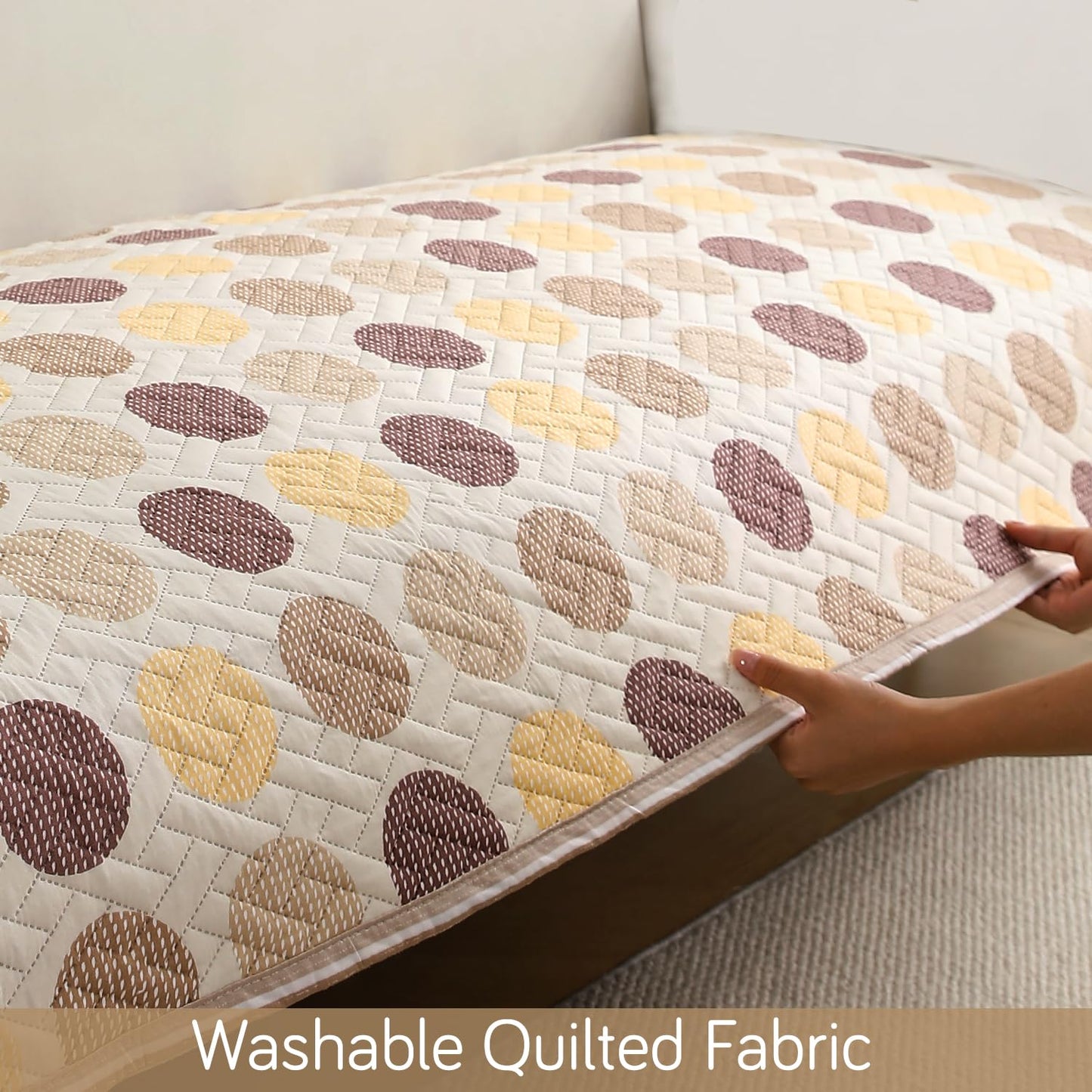 Quilted Sofa Seat Mat for 1/2/3 Seater with 2 Armrest Covers with Pockets, Brown Polka Dot