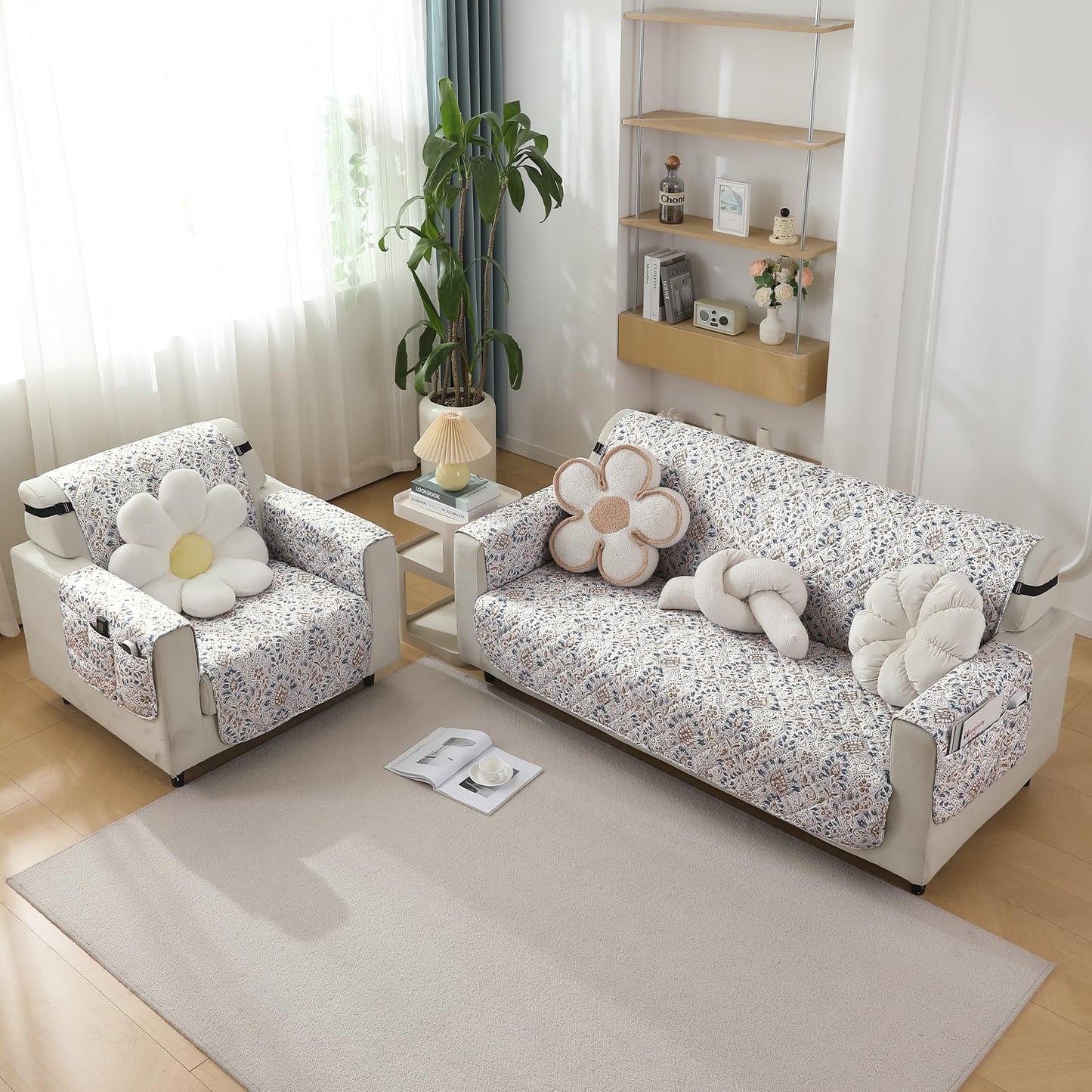 Quilted Waterproof Sofa Cover Mat with Pockets on Armrest Cover -Damask White